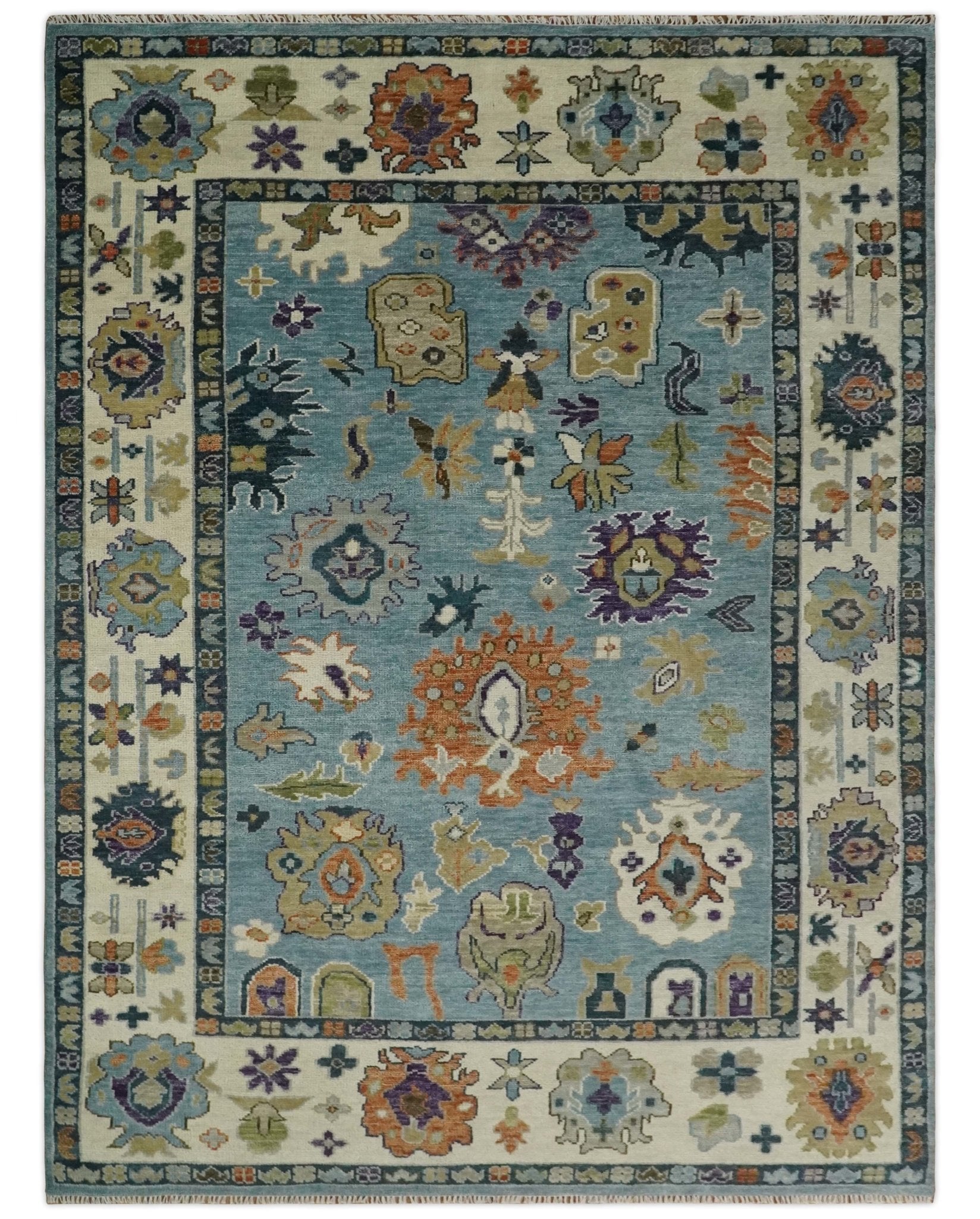 Oushak 5x8, 6x9, 8x10, 9x12, 10x14 and 12x15 Hand Knotted Blue and Ivory Traditional Persian Vintage Wool Rug | TRDCP784 - The Rug Decor
