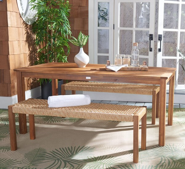 Aquina Outdoor Dining Set in Natural with Light Brown Woven Rattan Benches