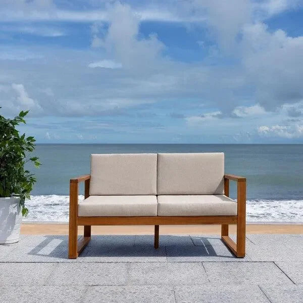 Emiko Acacia Wood Outdoor Bench in Natural and Light Gray - The Mayfair Hall