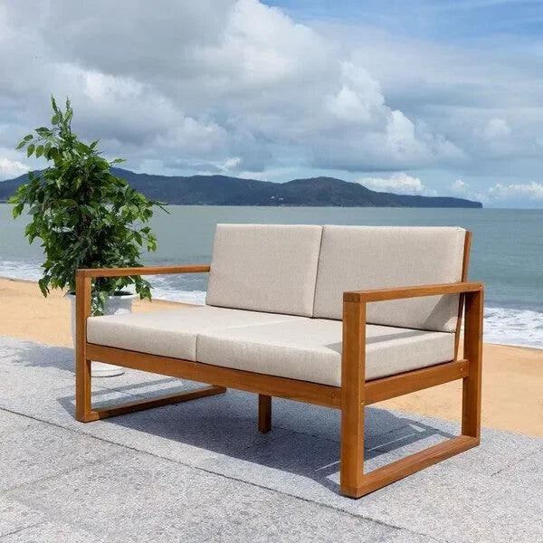 Emiko Acacia Wood Outdoor Bench in Natural and Light Gray - The Mayfair Hall
