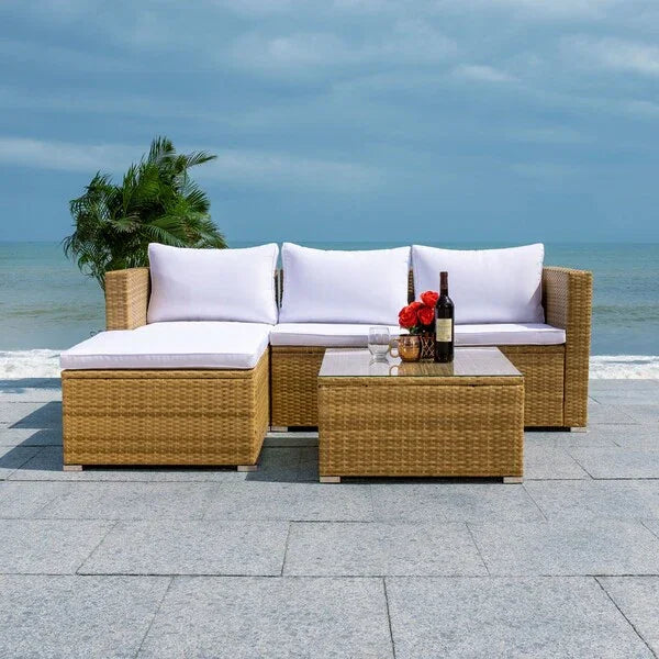 Madalina Wicker Outdoor Sectional Living Set in Natural and White - The Mayfair Hall