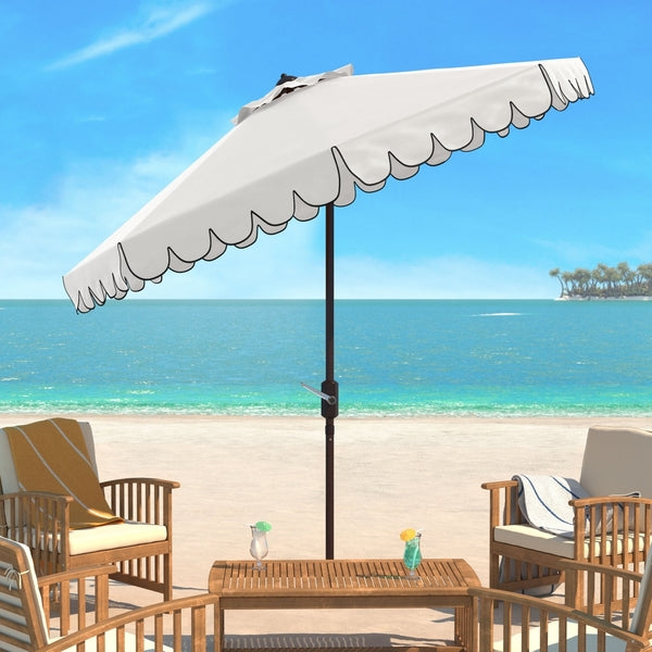 Venice Crank Outdoor Auto Tilt Umbrella in Ivory with Black Scalloped Edge (9 ft)