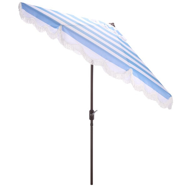 Lucerna Crank Outdoor Umbrella in Baby Blue Stripe with Fringe (9 ft)