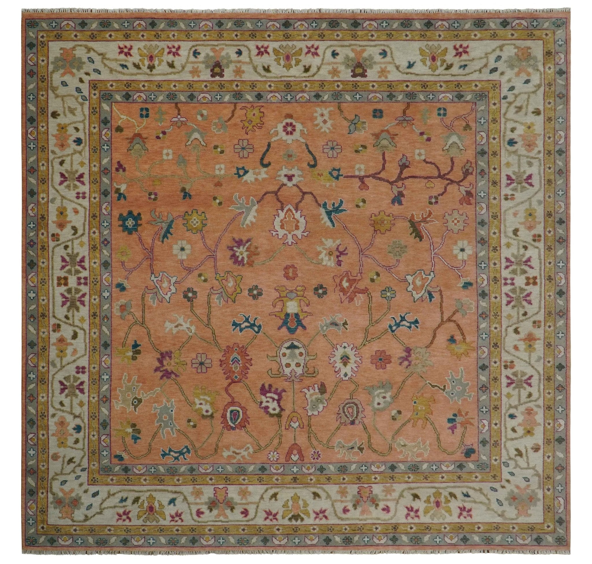 Peach and Ivory Hand knotted Oushak Custom Made wool Area Rug