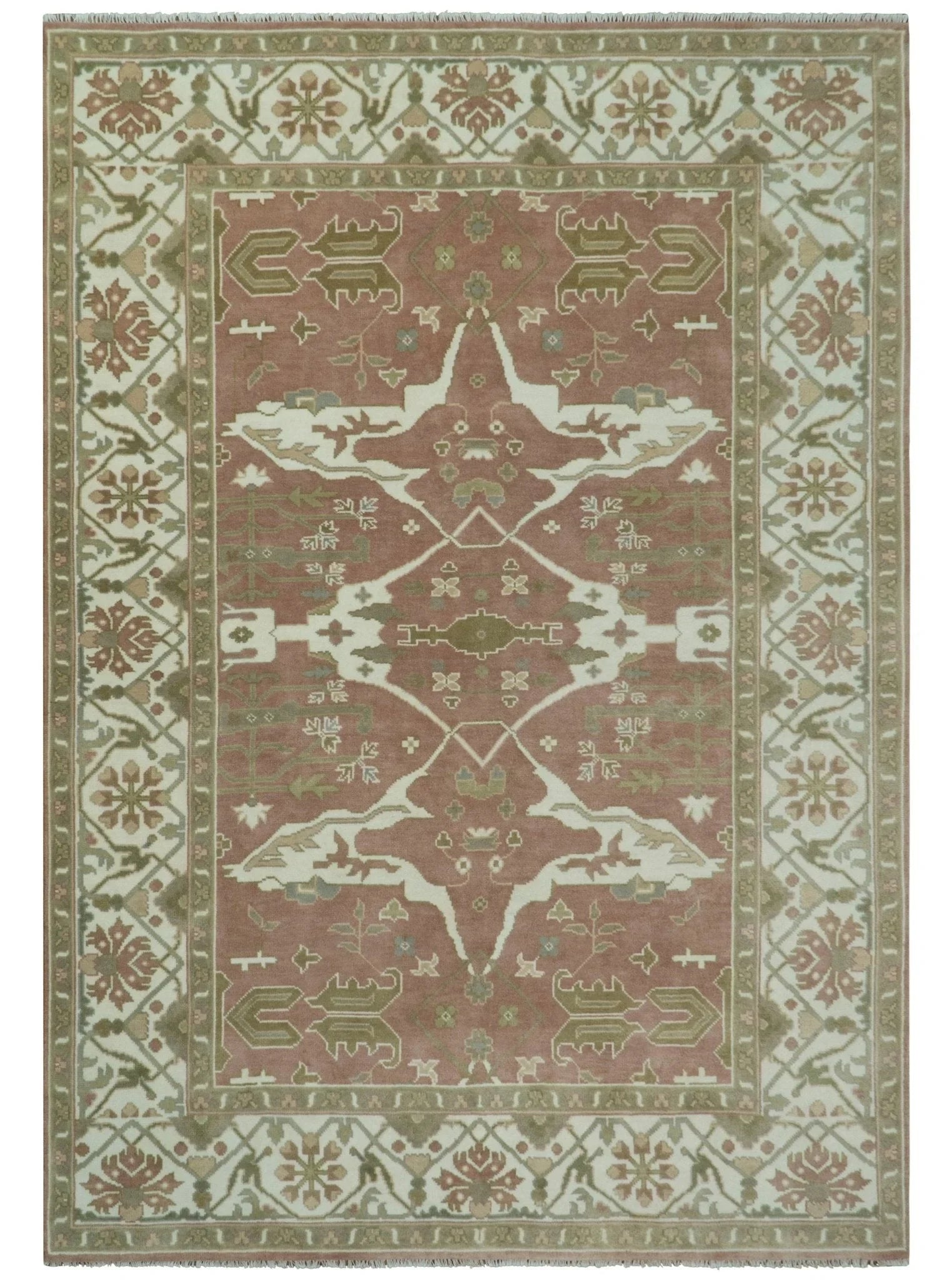 Peach, Ivory and Olive Hand knotted Multi size Oriental Oushak Traditional Wool Area Rug - The Rug Decor