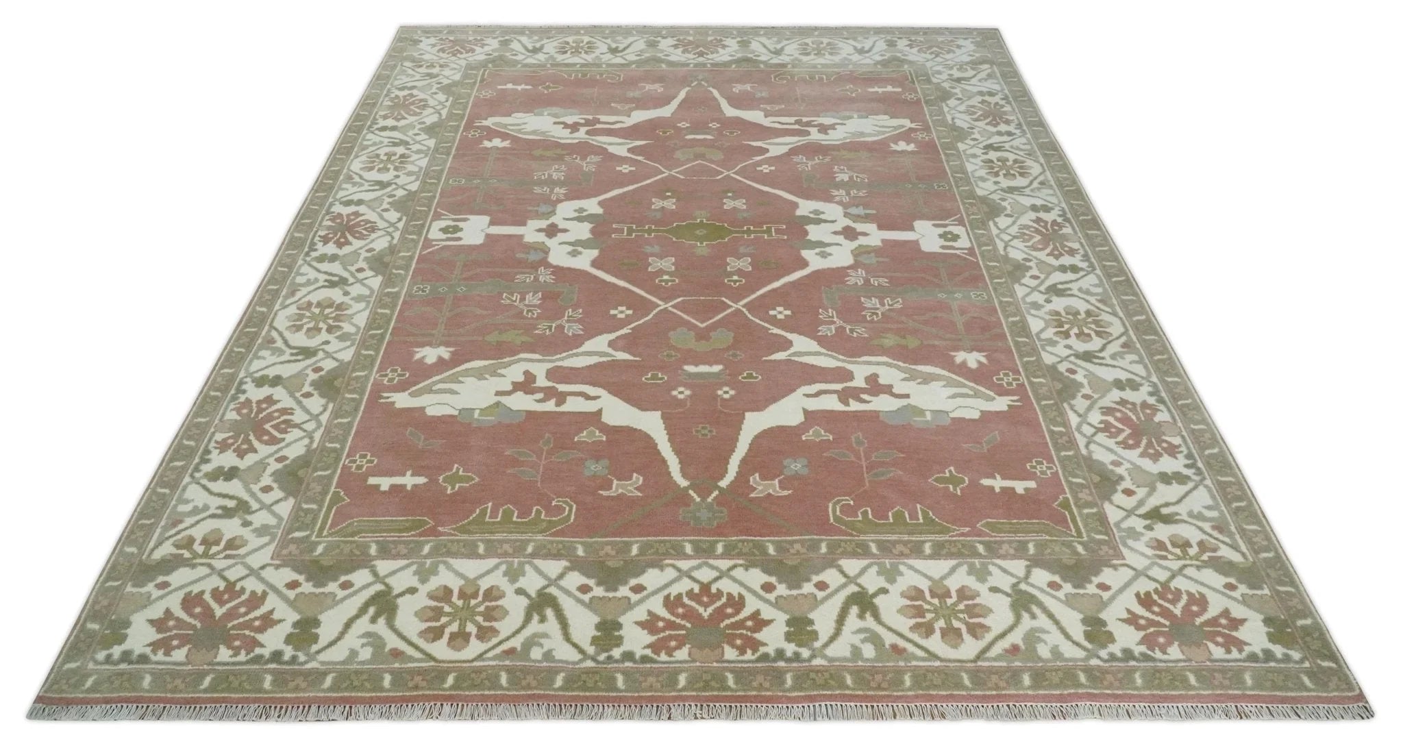 Peach, Ivory and Olive Hand knotted Multi size Oriental Oushak Traditional Wool Area Rug - The Rug Decor