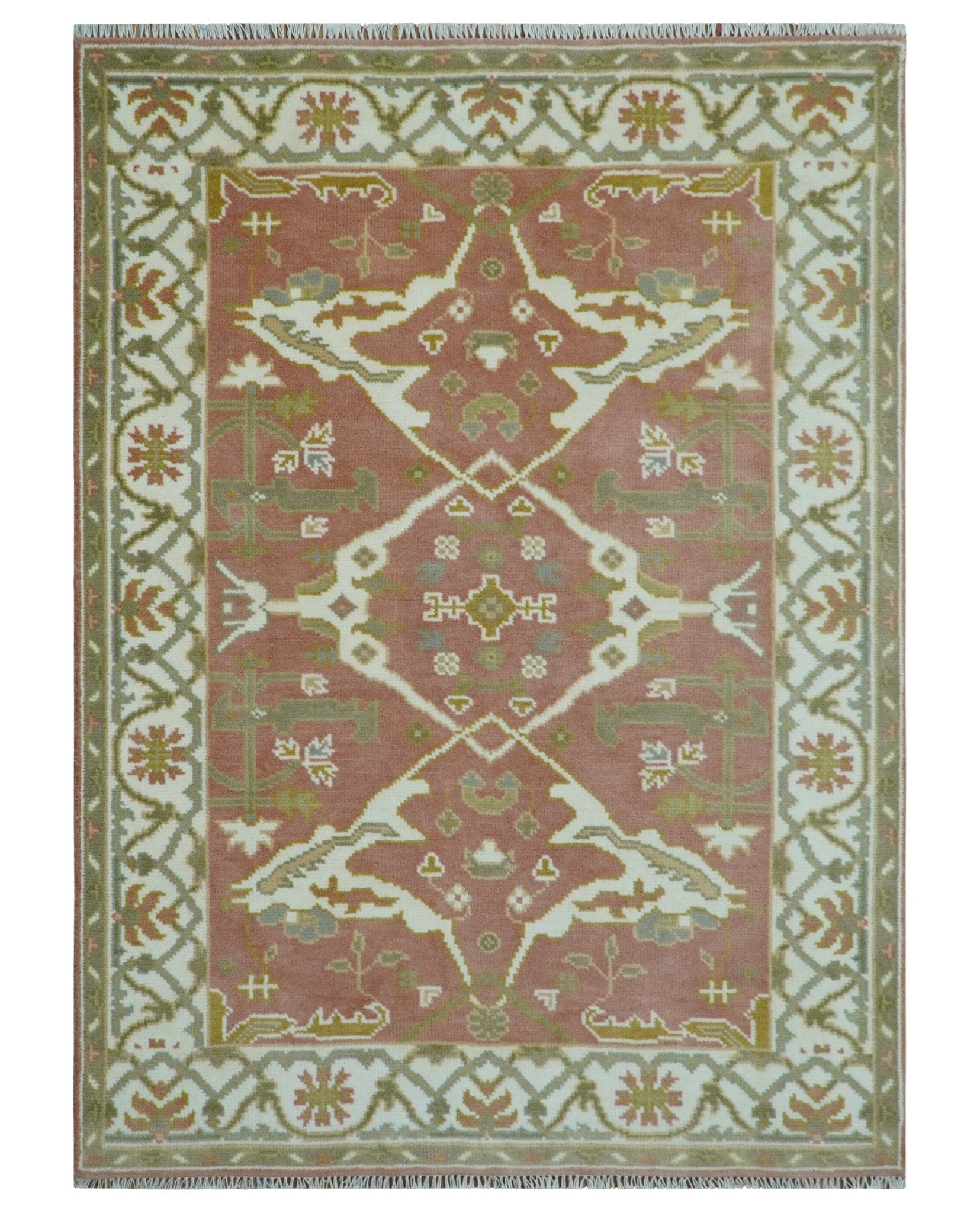 Peach, Ivory and Olive Hand knotted Multi size Oriental Oushak Traditional Wool Area Rug