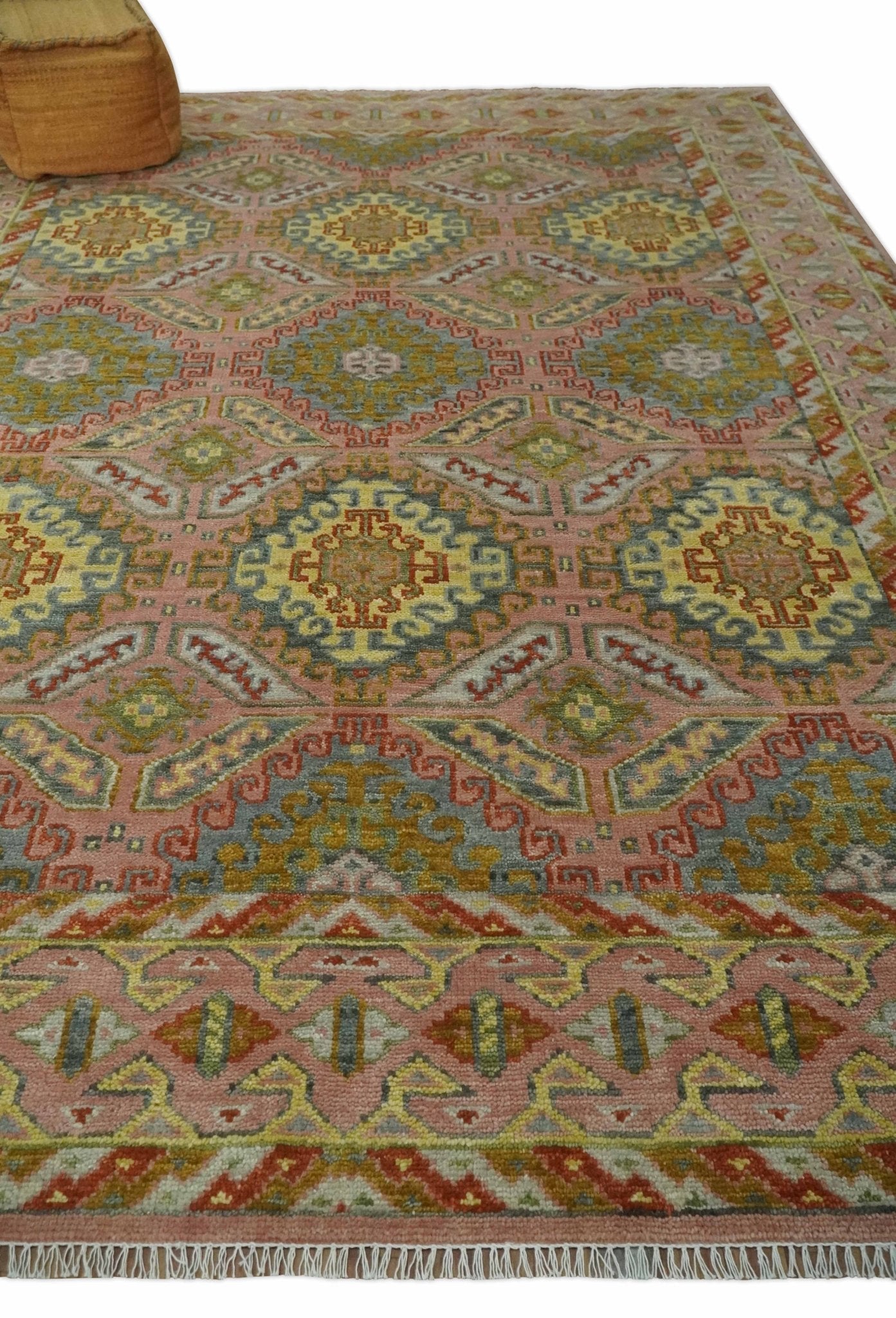 Peach, Mustard, Brown and Gray Oriental Hand Knotted Multi Size Wool Area Rug, Living Room and Bedroom Rug