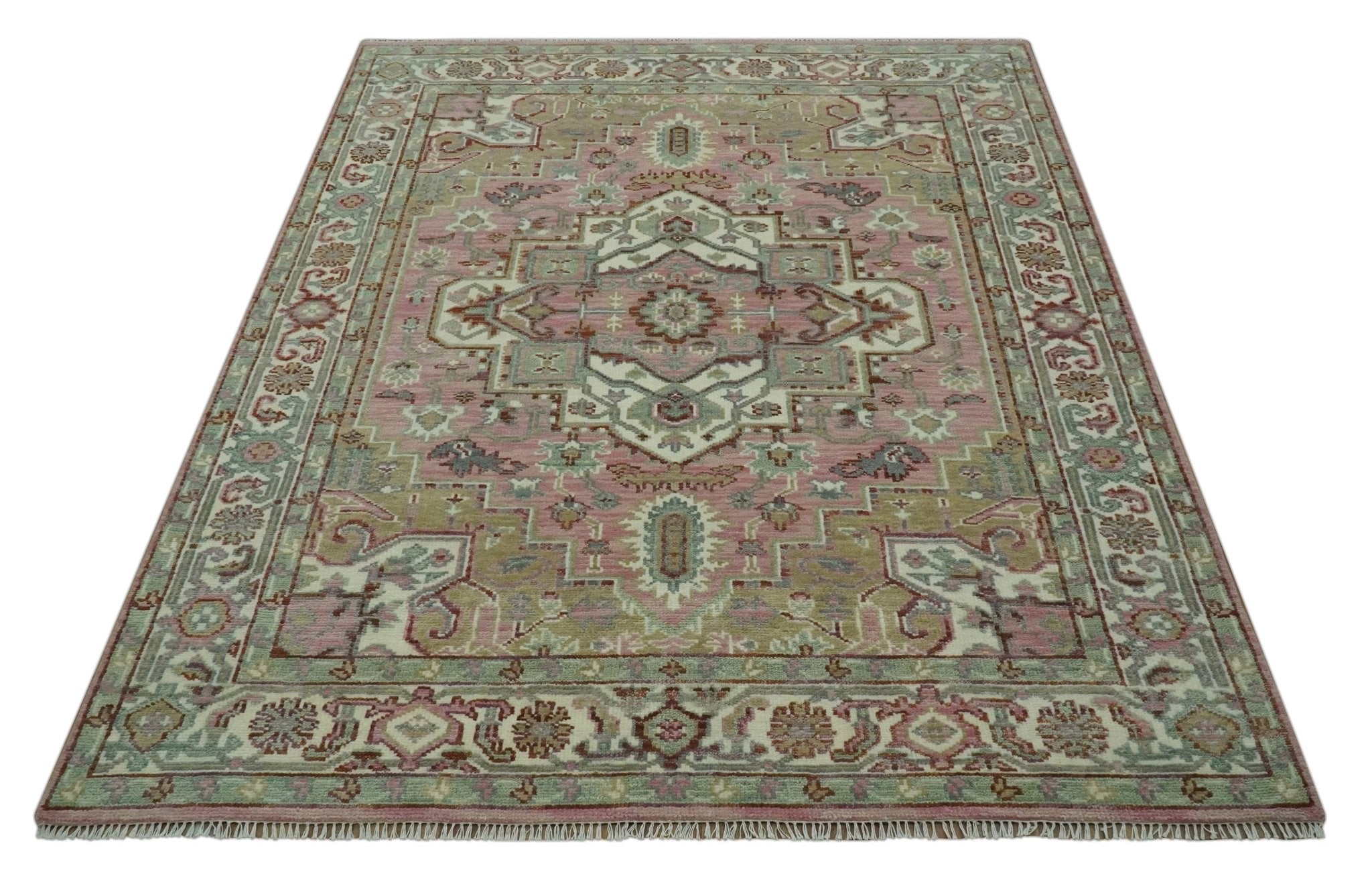Pink, Ivory and Olive Hand Knotted Traditional Custom Made Size wool Rug