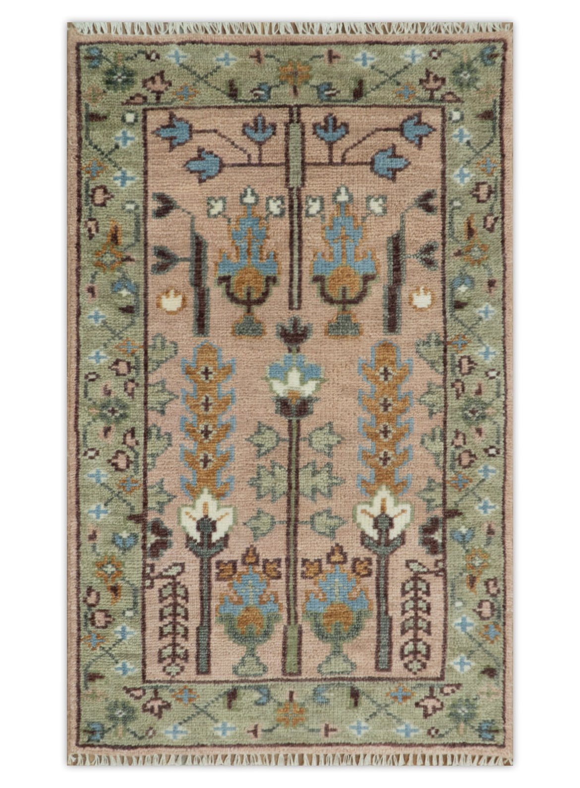 Pink, Olive and Beige Traditional Vintage Heriz Serapi Wool Rug - The Rug Decor