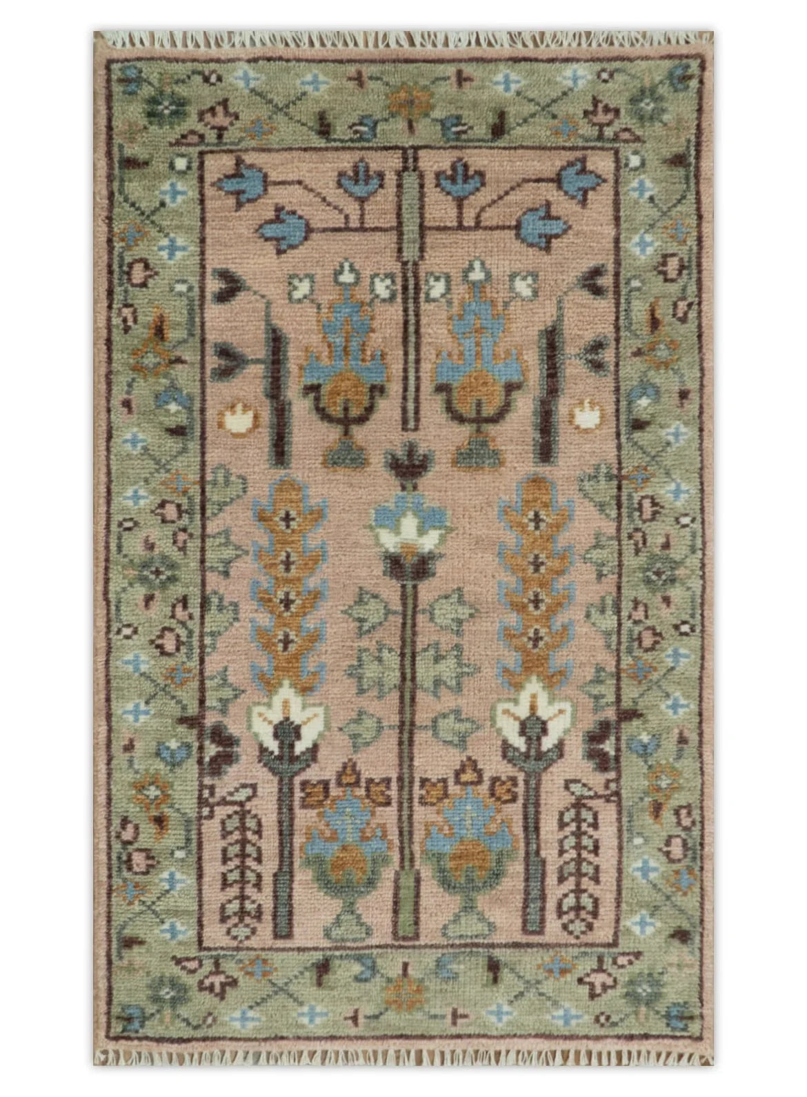 Pink, Olive and Beige Traditional Vintage Heriz Serapi Wool Rug - The Rug Decor