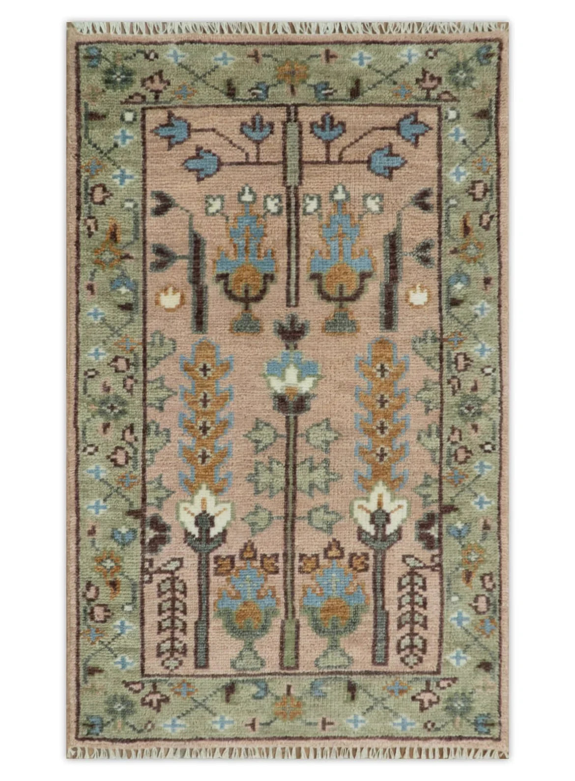 Pink, Olive, and Beige Traditional Vintage Heriz Serapi Wool Rug