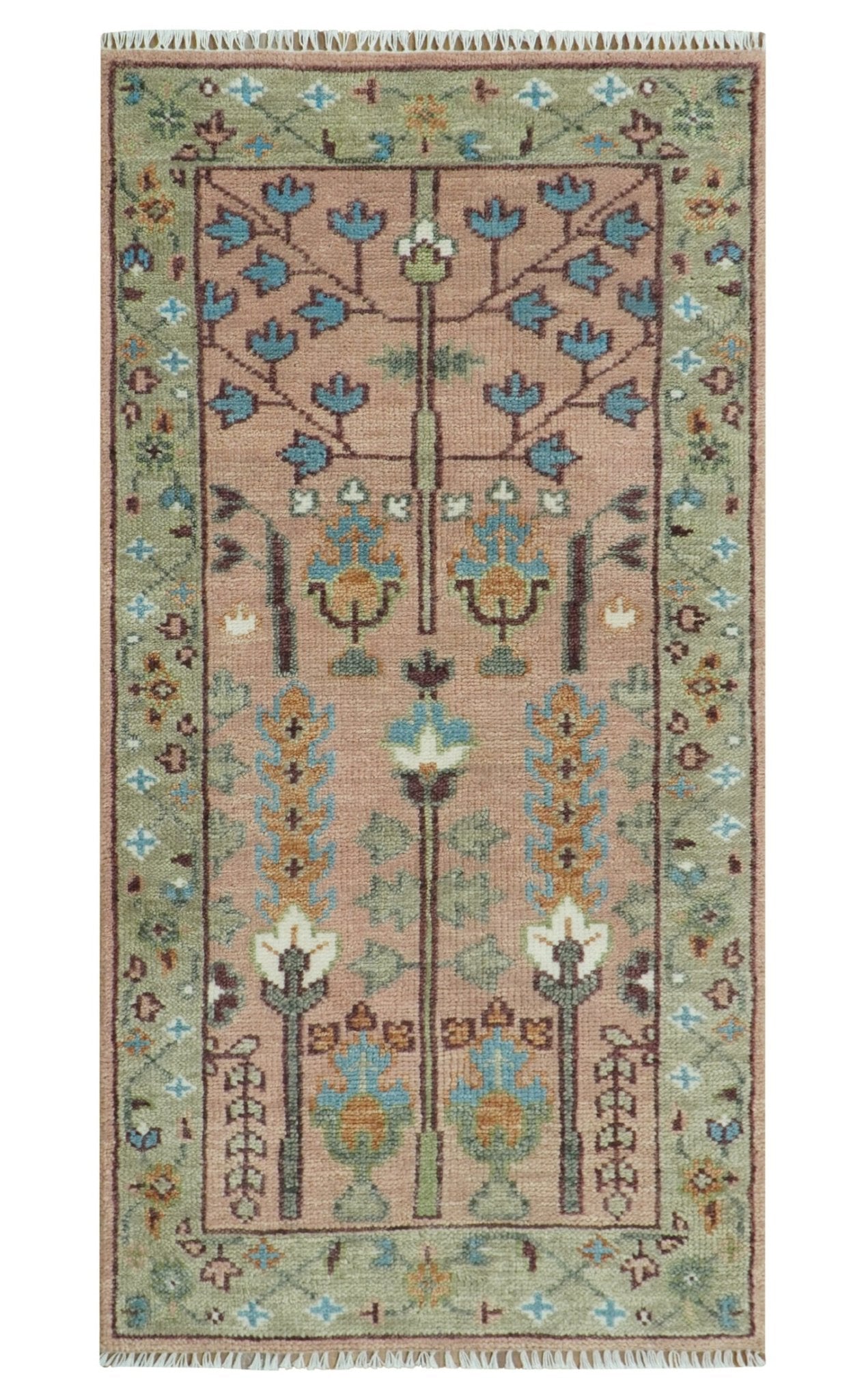 Pink, Olive and Beige Traditional Vintage Heriz Serapi Wool Rug - The Rug Decor