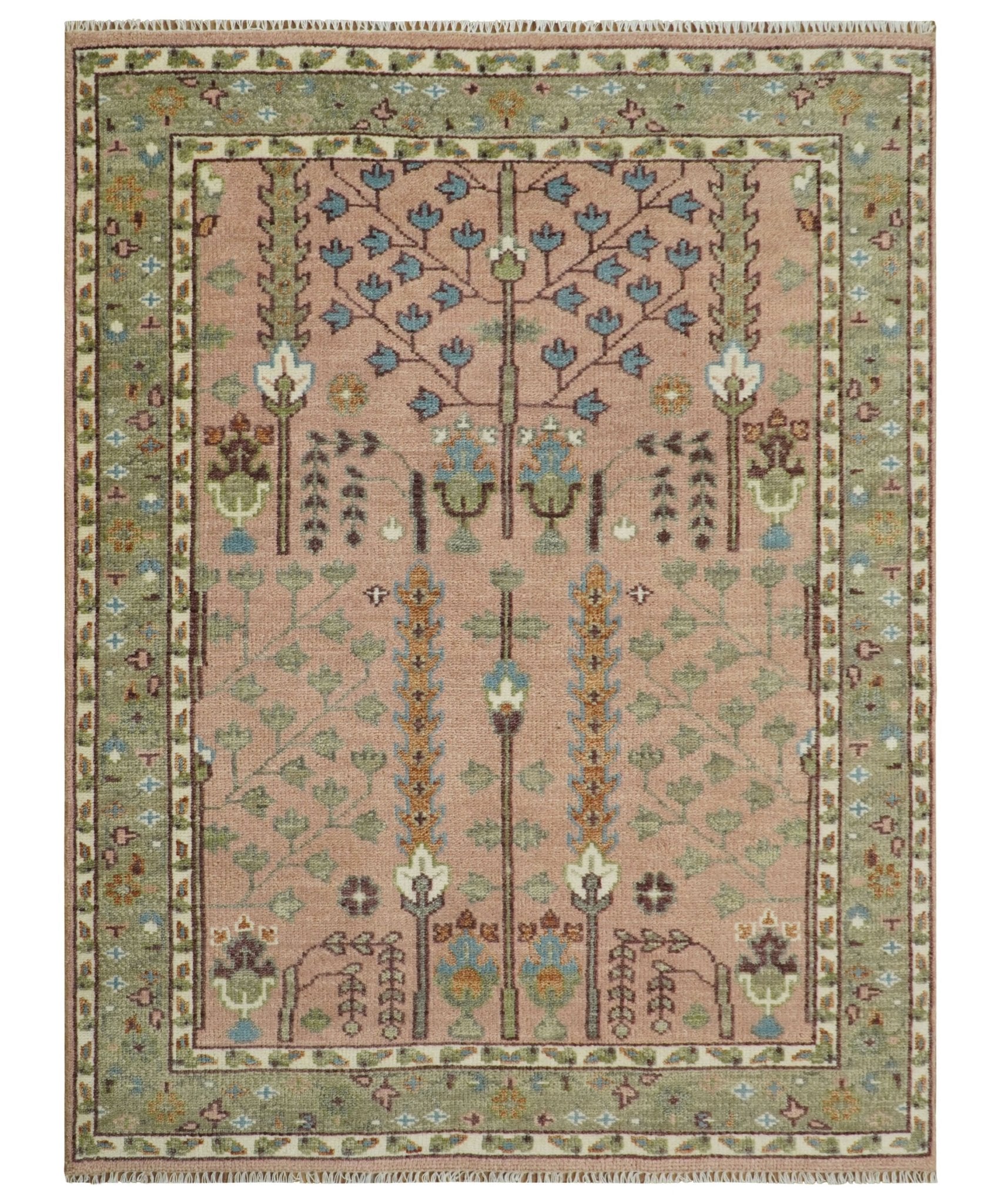 Pink, Olive and Beige Traditional Vintage Heriz Serapi Wool Rug - The Rug Decor