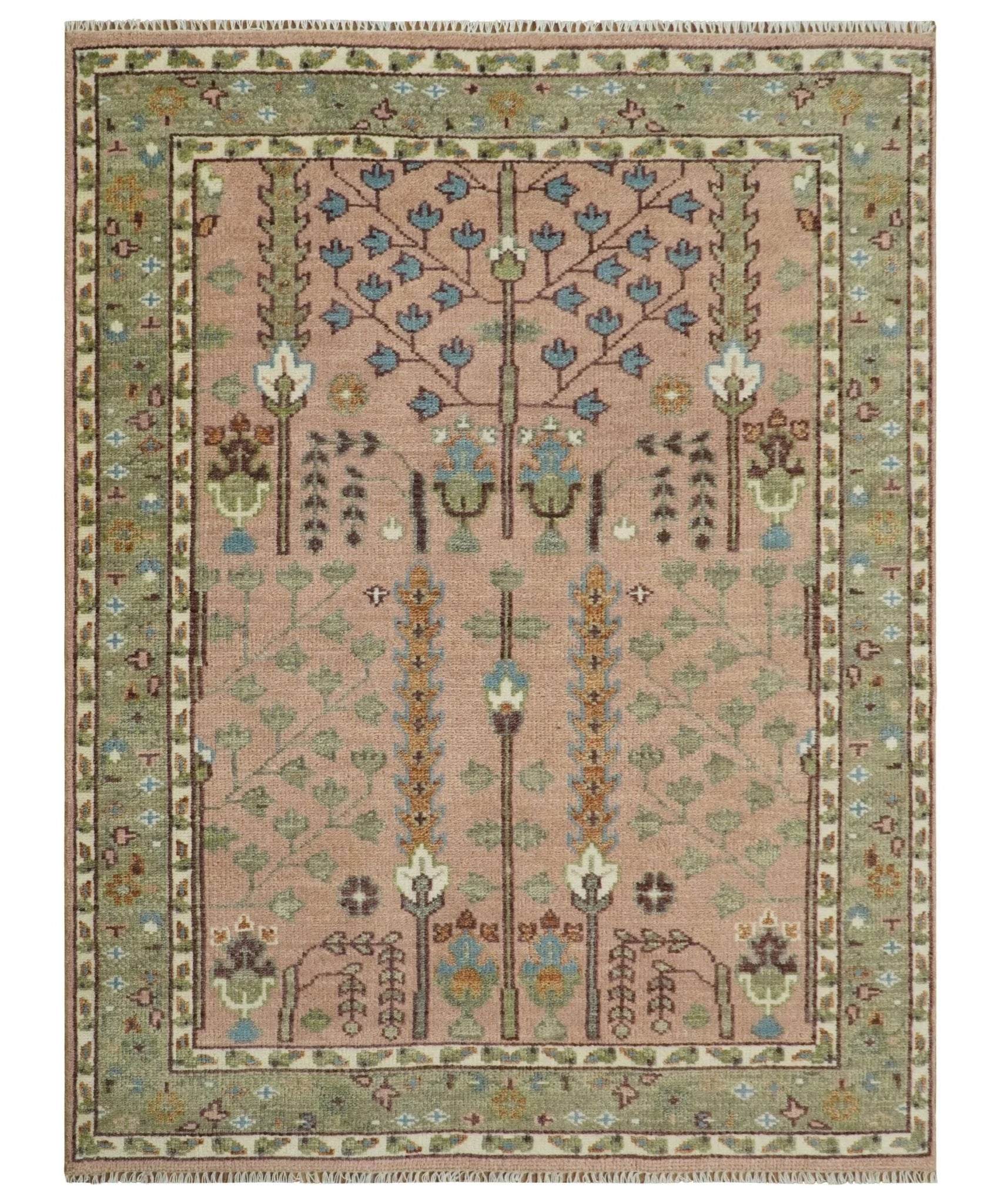 Pink, Olive and Beige Traditional Vintage Heriz Serapi Wool Rug - The Rug Decor