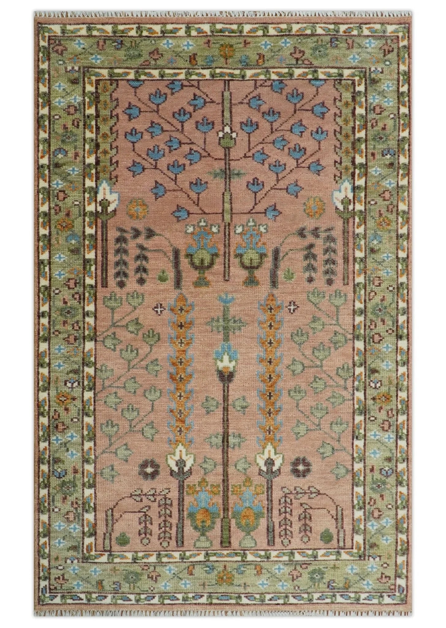 Pink, Olive and Beige Traditional Vintage Heriz Serapi Wool Rug - The Rug Decor