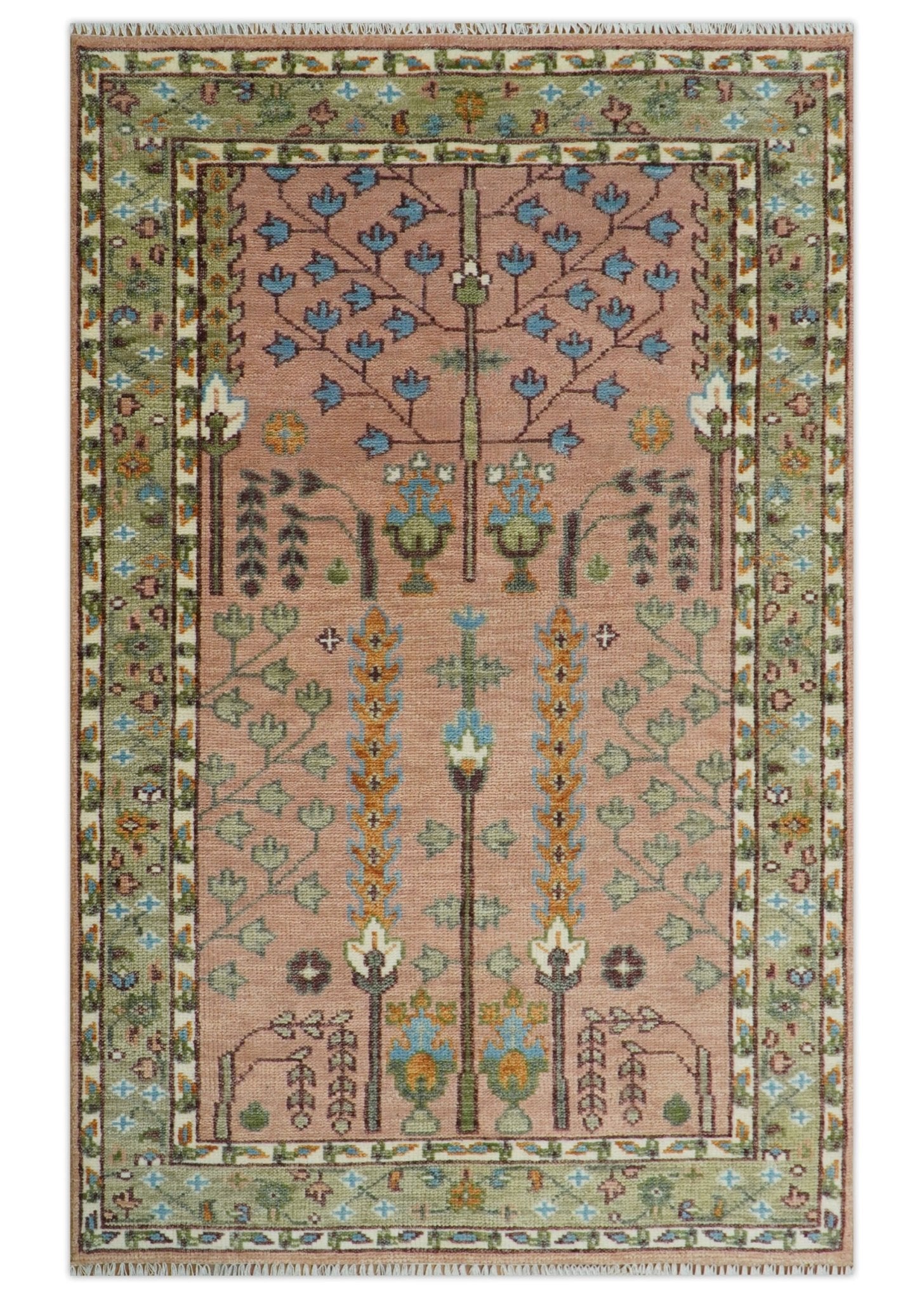 Pink, Olive and Beige Traditional Vintage Heriz Serapi Wool Rug