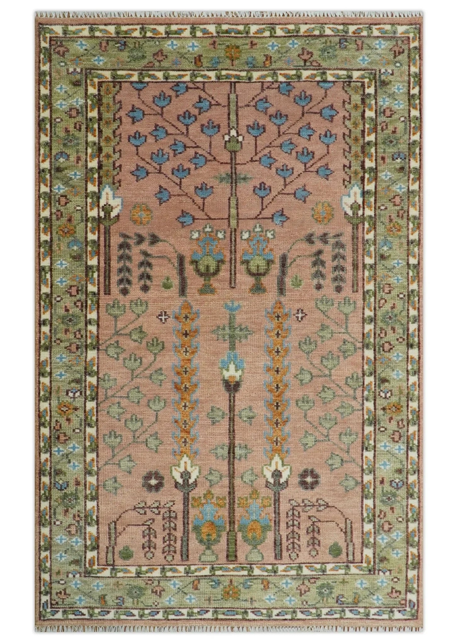 Pink, Olive, and Beige Traditional Vintage Heriz Serapi Wool Rug