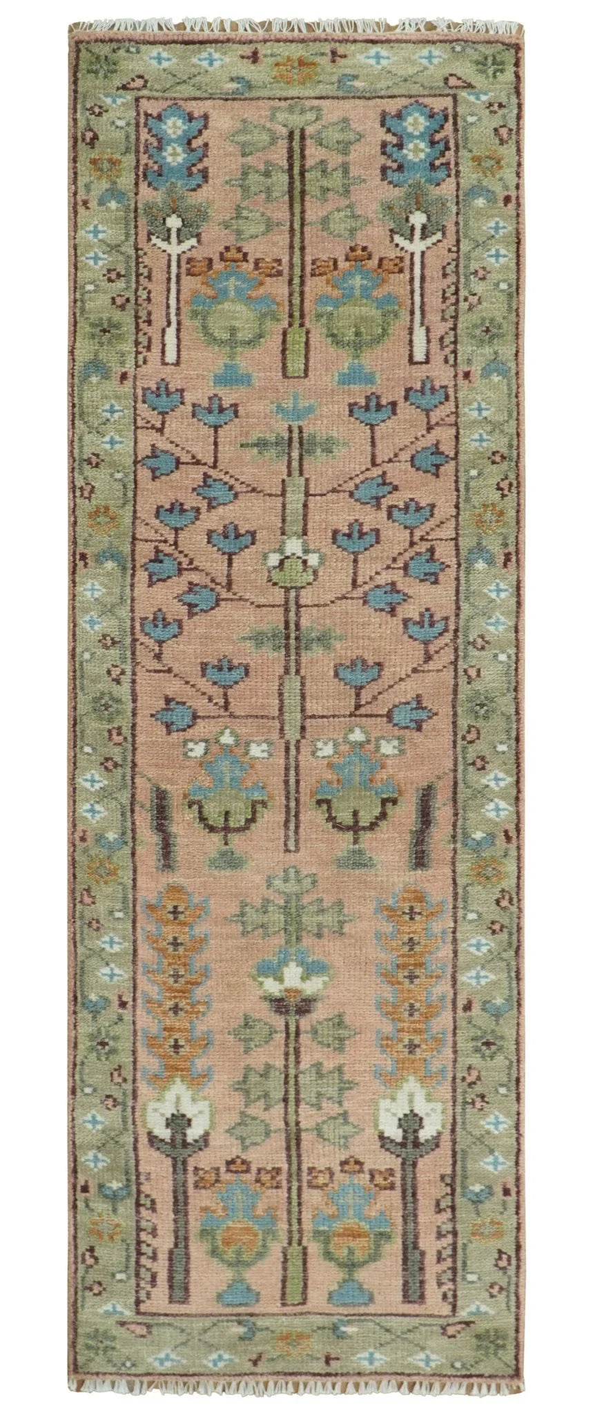 Pink, Olive and Beige Traditional Vintage Heriz Serapi Wool Rug - The Rug Decor
