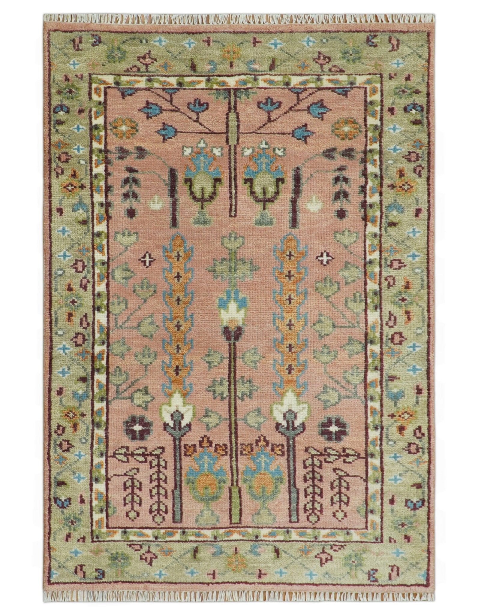 Pink, Olive and Beige Traditional Vintage Heriz Serapi Wool Rug - The Rug Decor