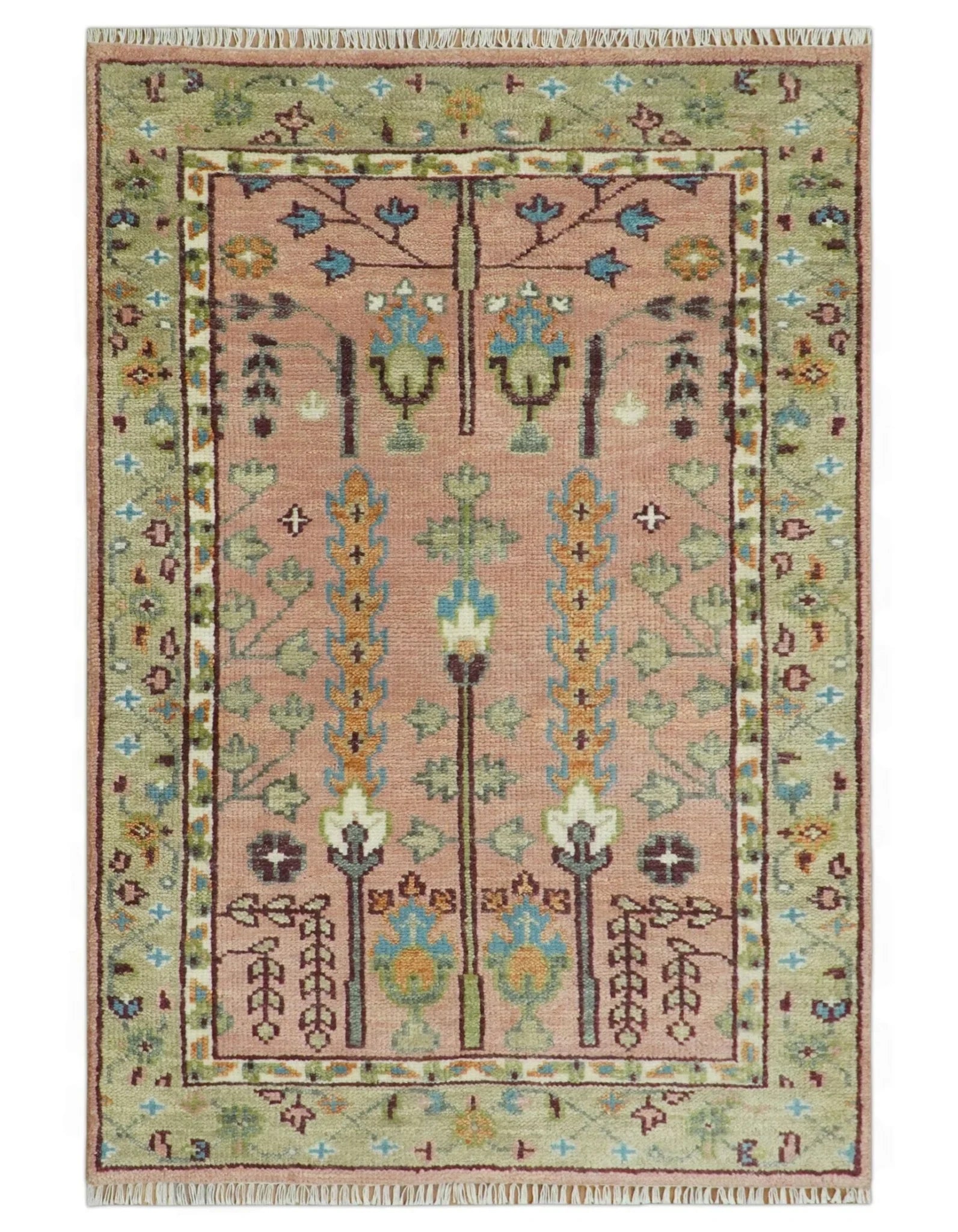 Pink, Olive, and Beige Traditional Vintage Heriz Serapi Wool Rug