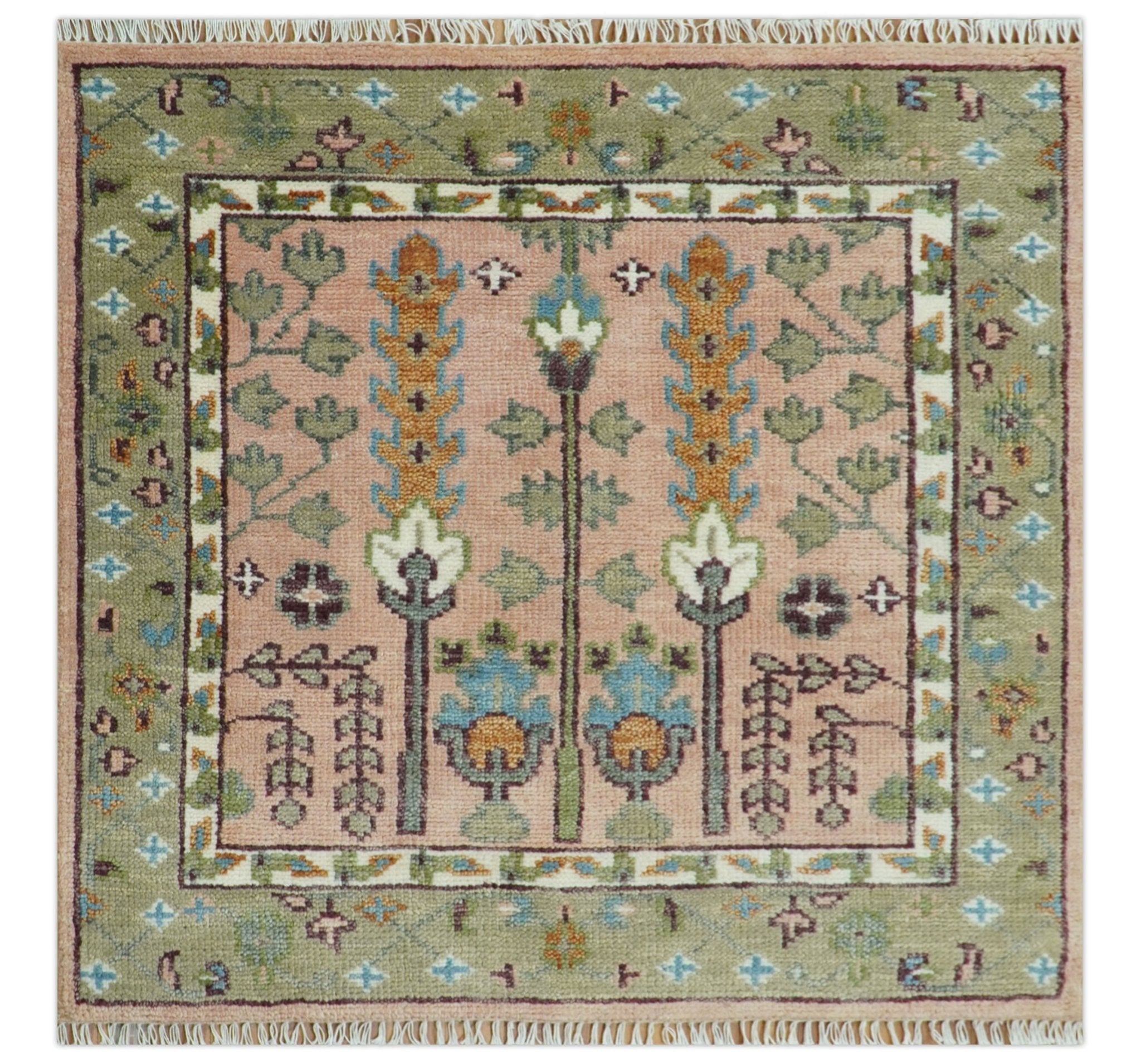 Pink, Olive and Beige Traditional Vintage Heriz Serapi Wool Rug - The Rug Decor