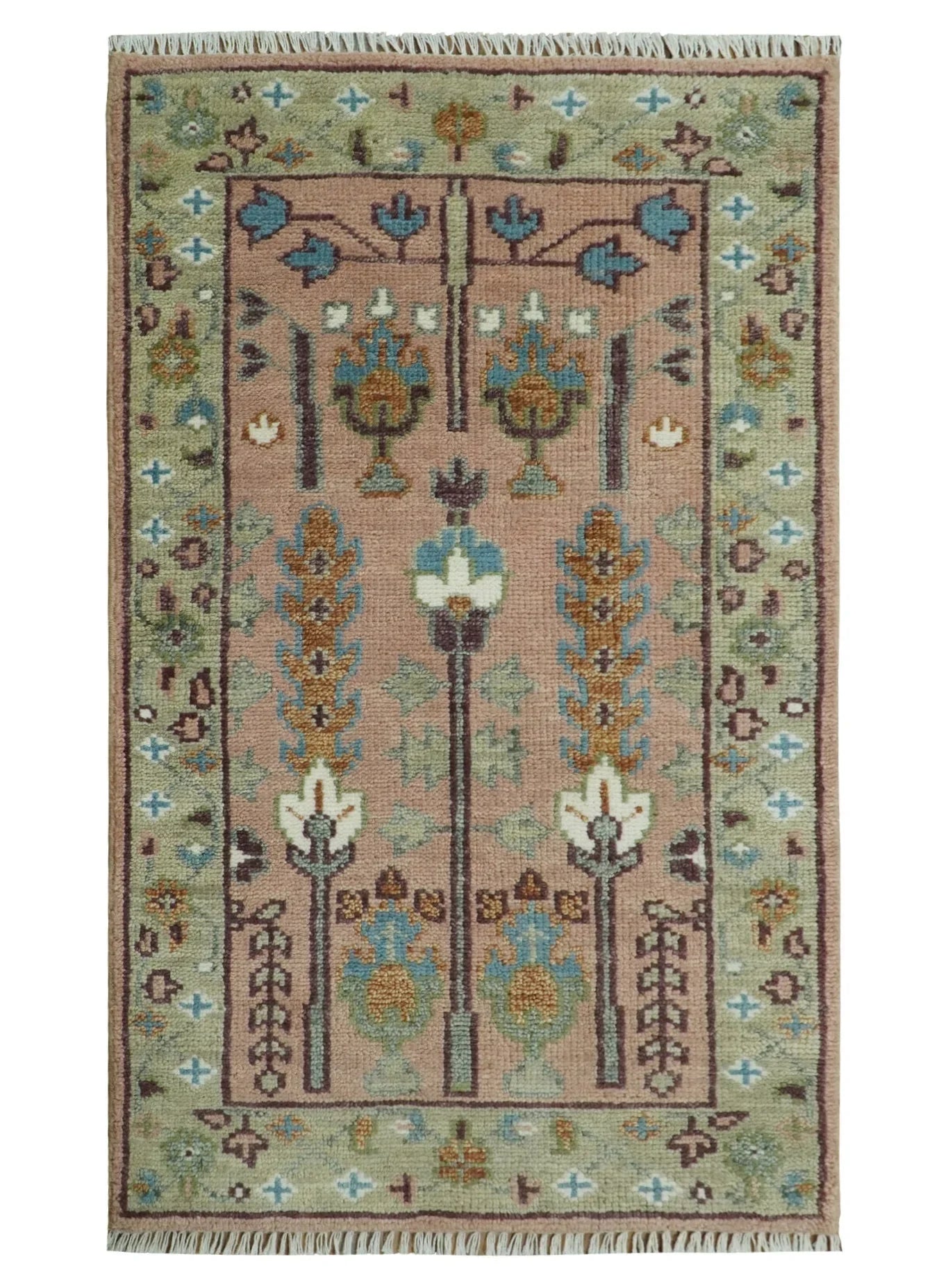 Pink, Olive, and Beige Traditional Vintage Heriz Serapi Wool Rug