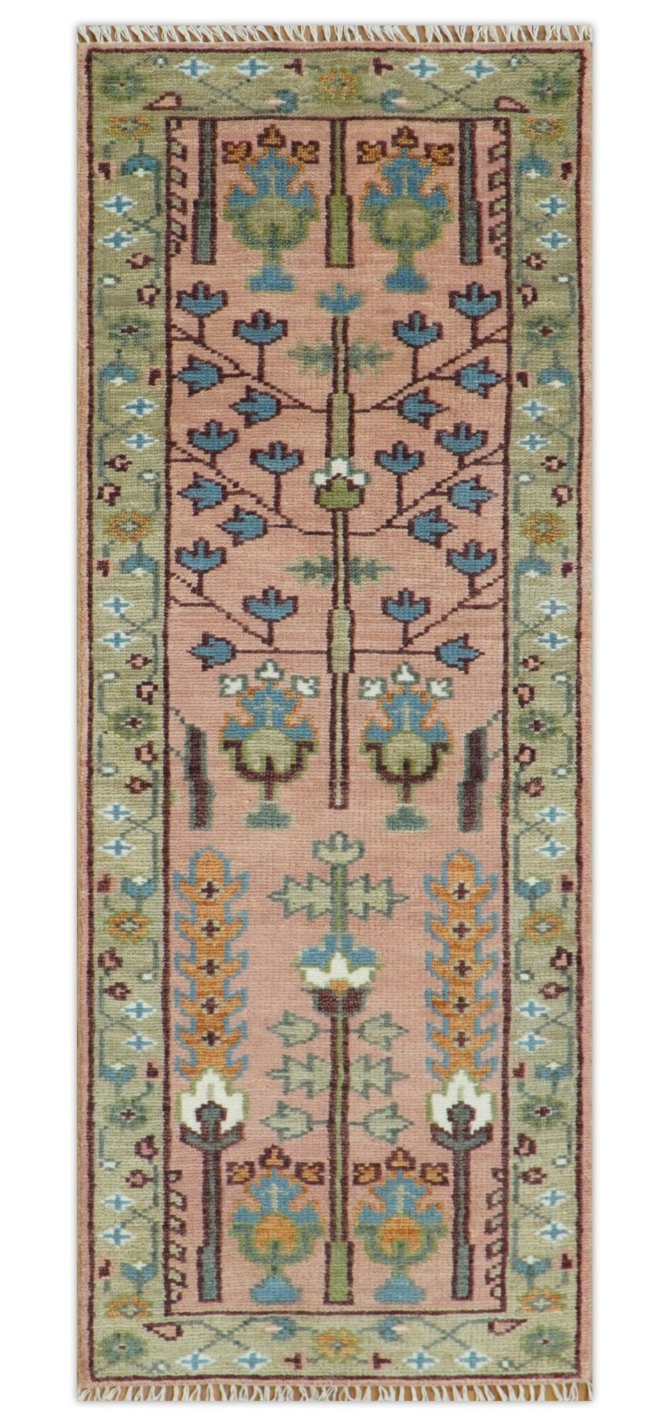 Pink, Olive and Beige Traditional Vintage Heriz Serapi Wool Rug - The Rug Decor