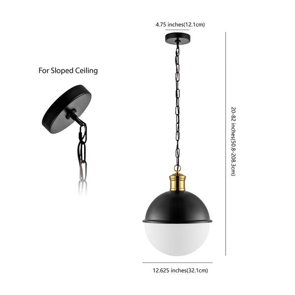 Daylily Pendant Lighting in Black with White Glass Shade