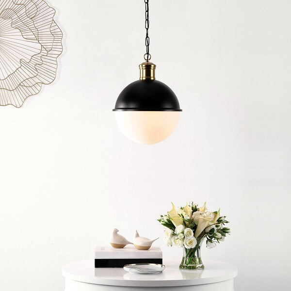 Daylily Pendant Lighting in Black with White Glass Shade