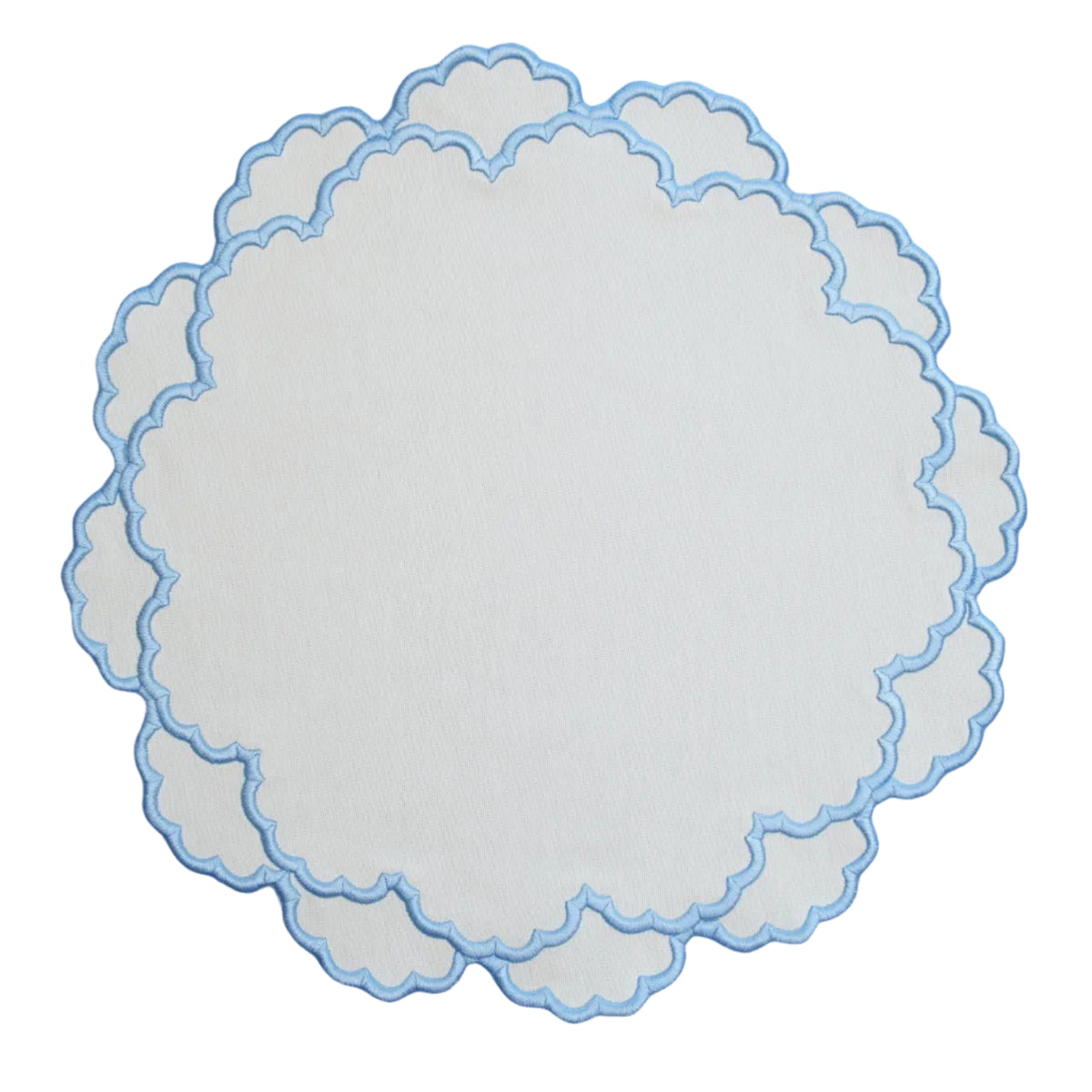 Styled table setting featuring Cressida Scalloped Round Cotton Placemat Set in Blue and White; Cotton blend with silk-thread embroidery, by PNR Decor.
