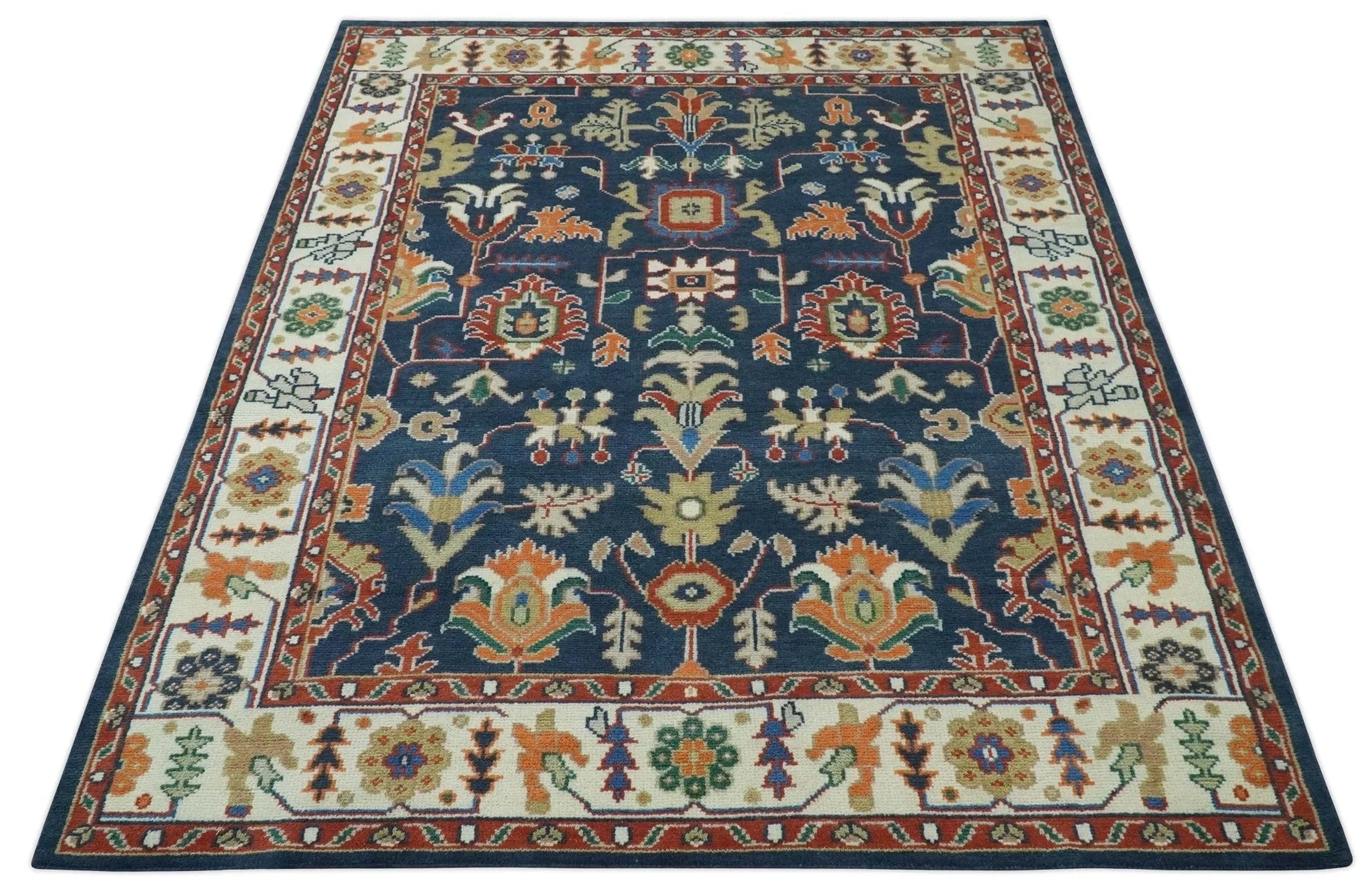 Premium Style Vibrant Colorful Blue, Ivory, Rust and Orange Traditional Hand Knotted Oriental Oushak Multi Size wool Area Rug - The Rug Decor