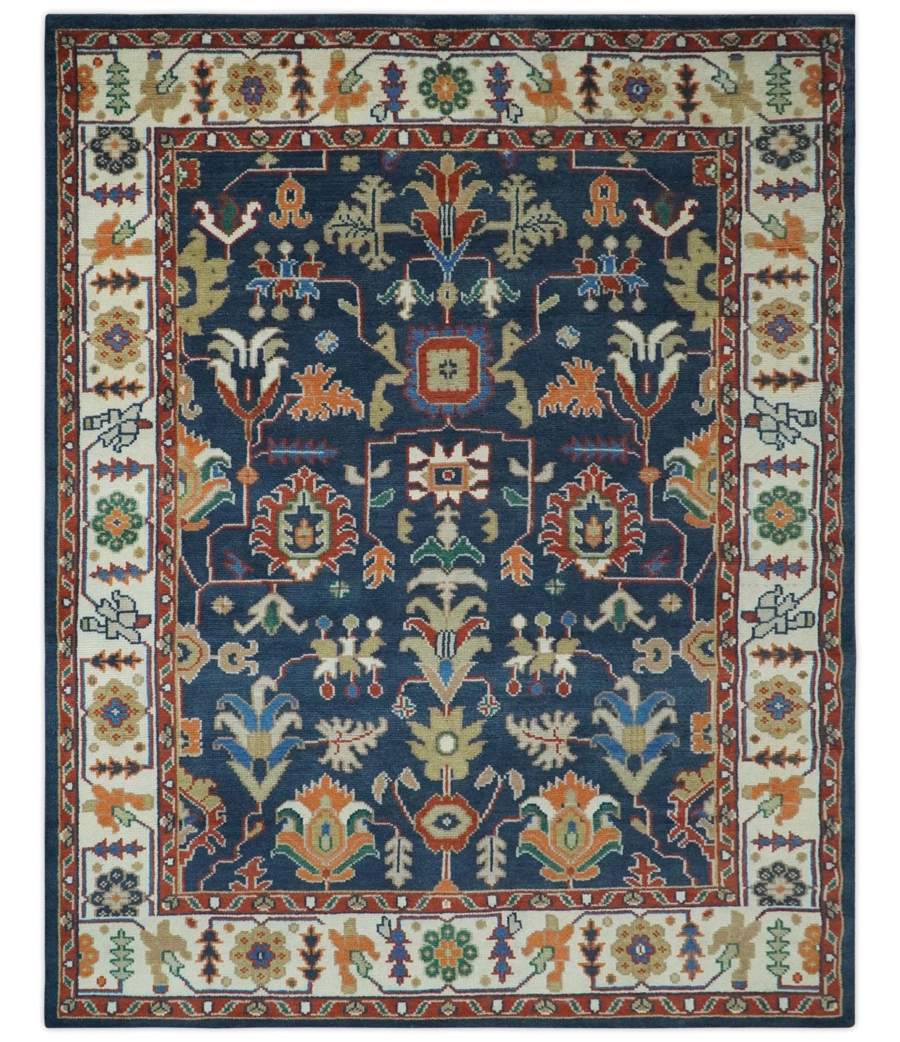 Premium Style Vibrant Colorful Blue, Ivory, Rust and Orange Traditional Hand Knotted Oriental Oushak Multi Size wool Area Rug
