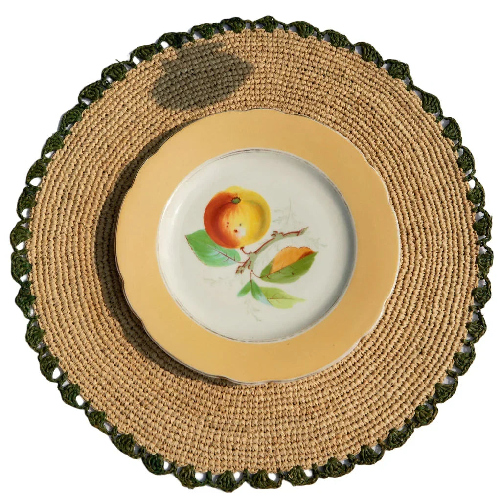 Aura Green edge placemat, Woven raffia tabletop - The Mayfair Hall