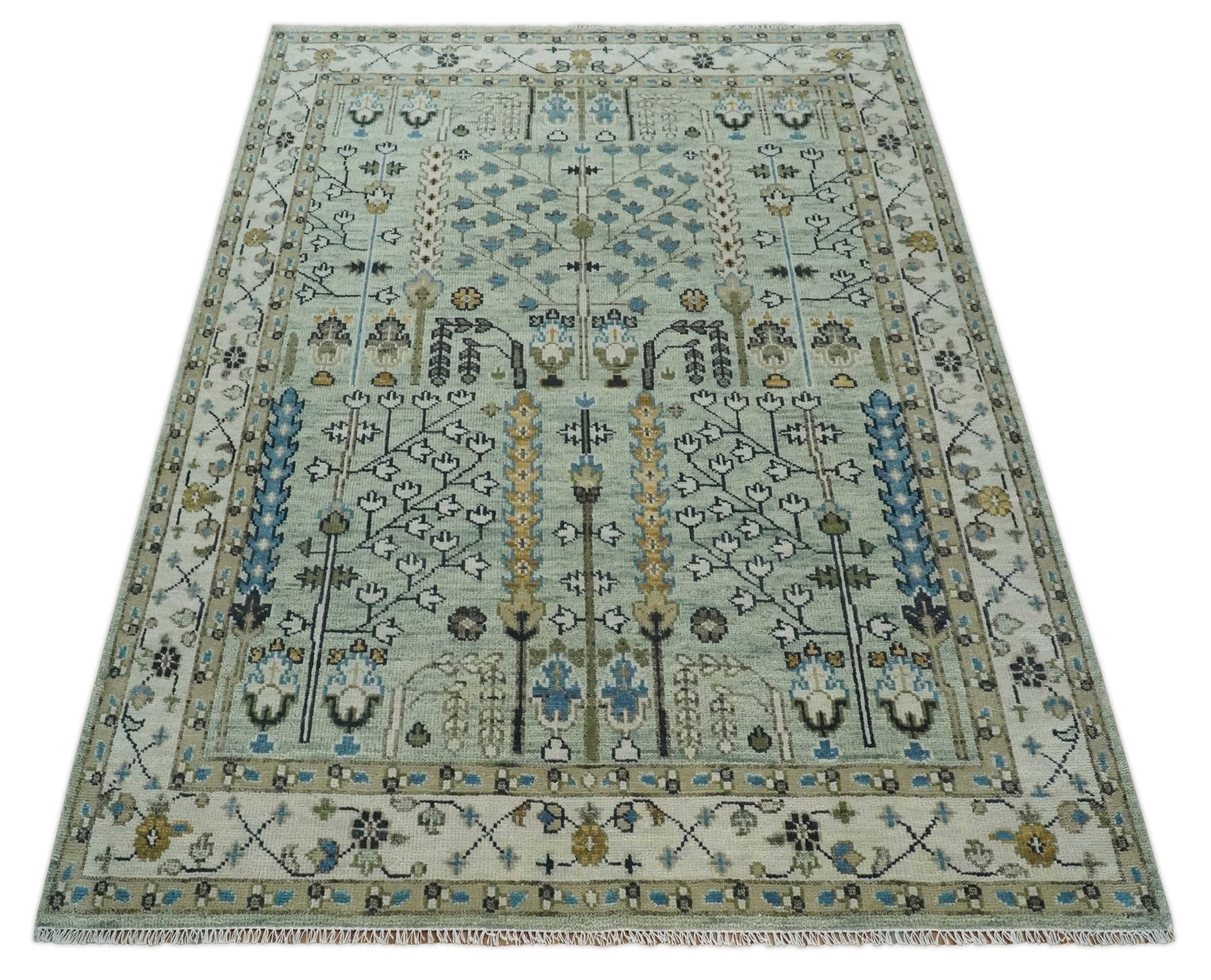 Ready to Ship Antique Moss Green and Ivory Hand Knotted Traditional Wool Area Rug