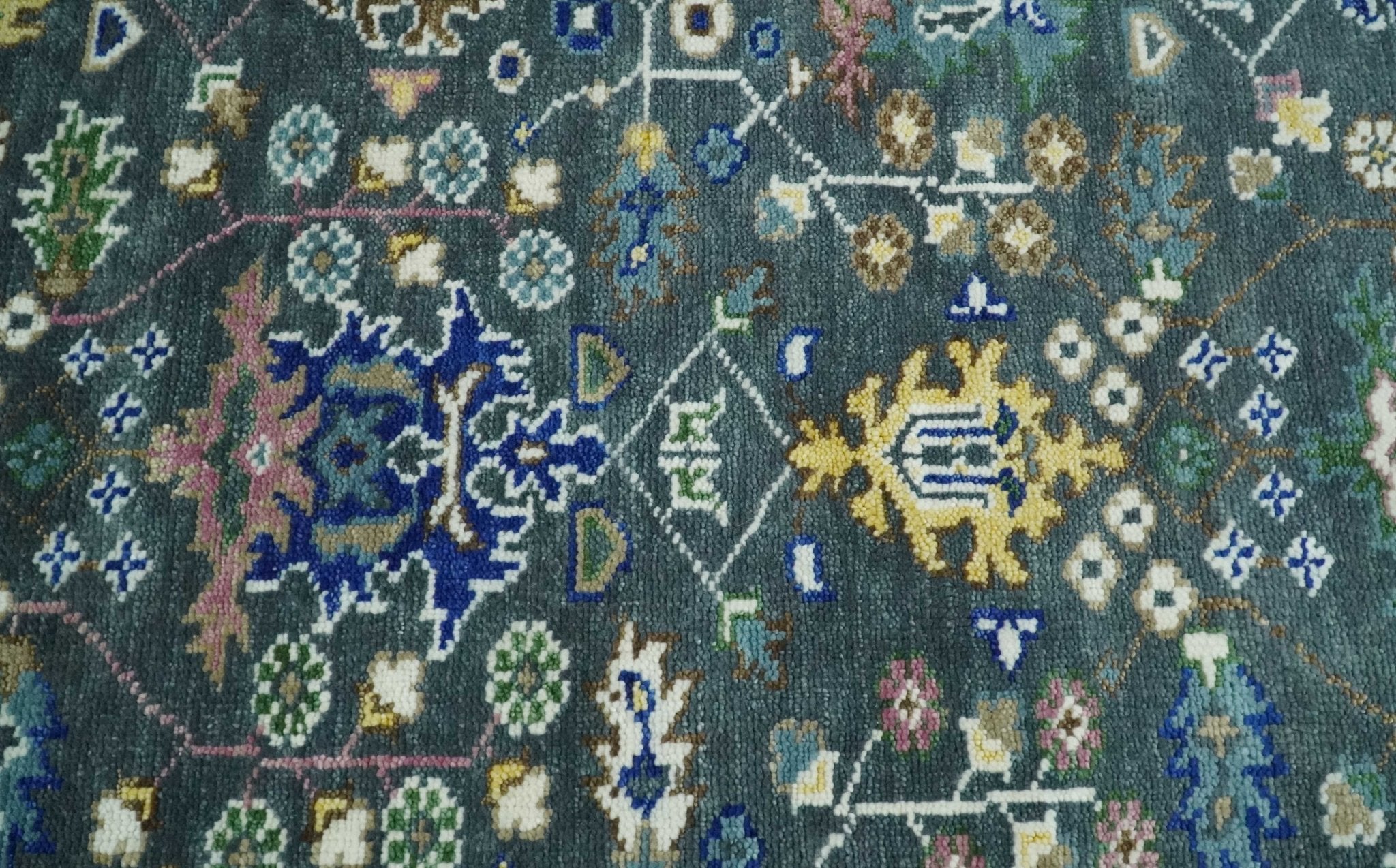 Ready to Ship Hand Knotted Green Moss and Blue Traditional Turkish Design Wool Rug