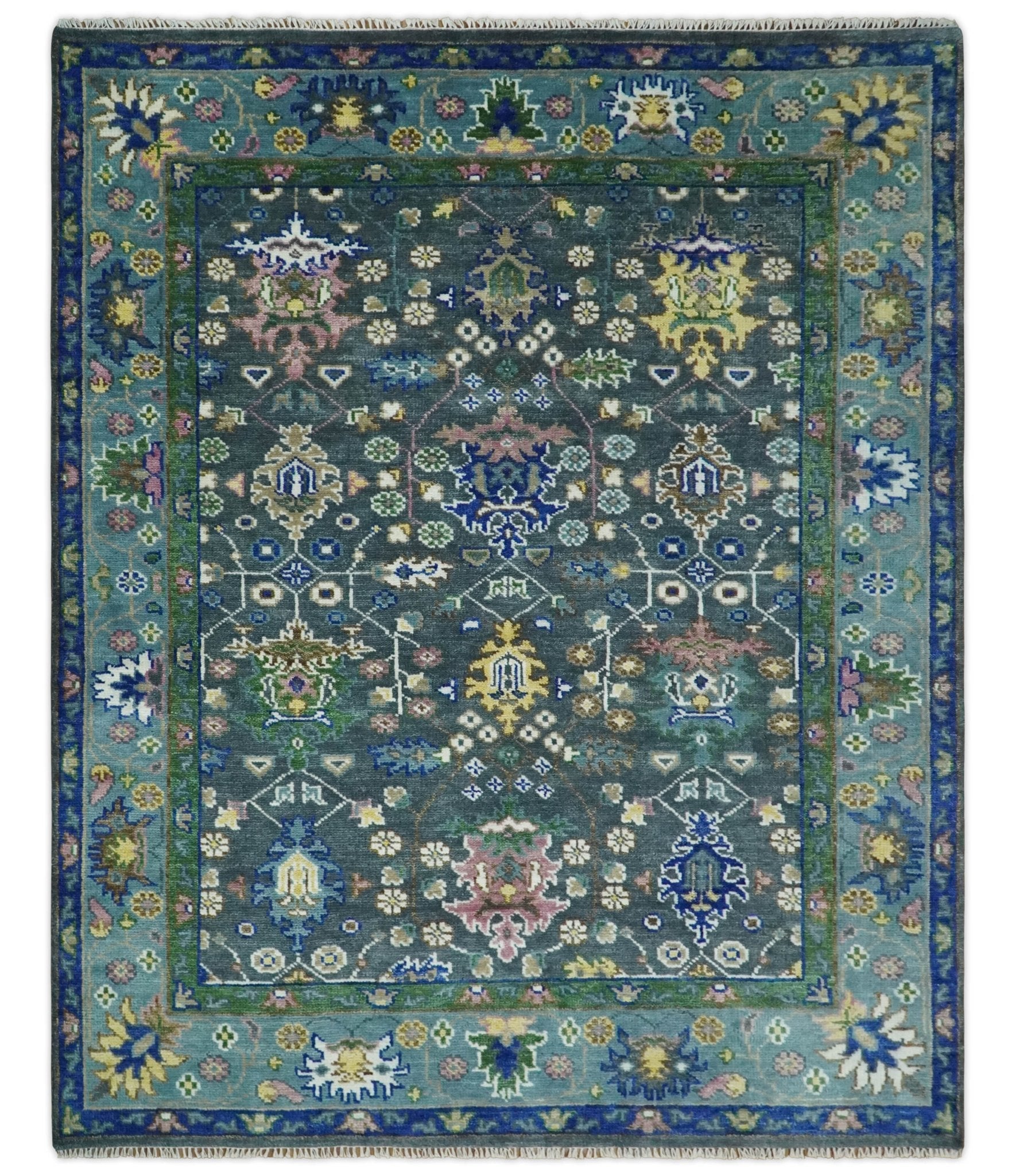 Ready to Ship Hand Knotted Green Moss and Blue Traditional Turkish Design Wool Rug