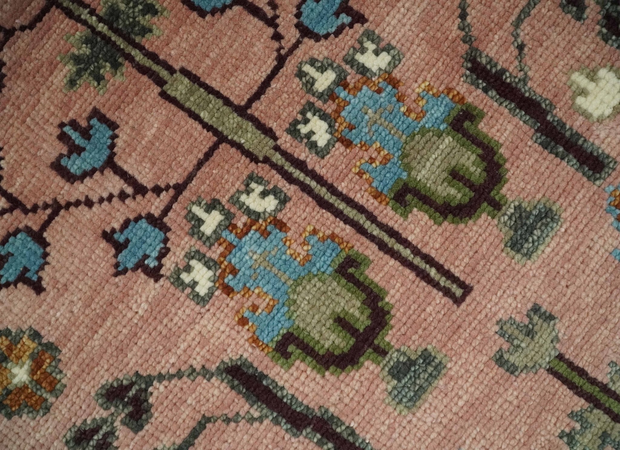 Ready to Ship Pink, Olive and Beige Traditional Vintage Style Tree Wool Rug