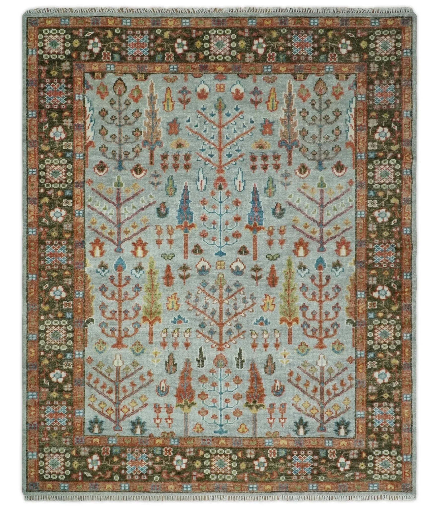Ready to Ship Tree of Life Hand Knotted Silver, Brown and Rust Traditional Oushak Wool Rug - The Mayfair Hall