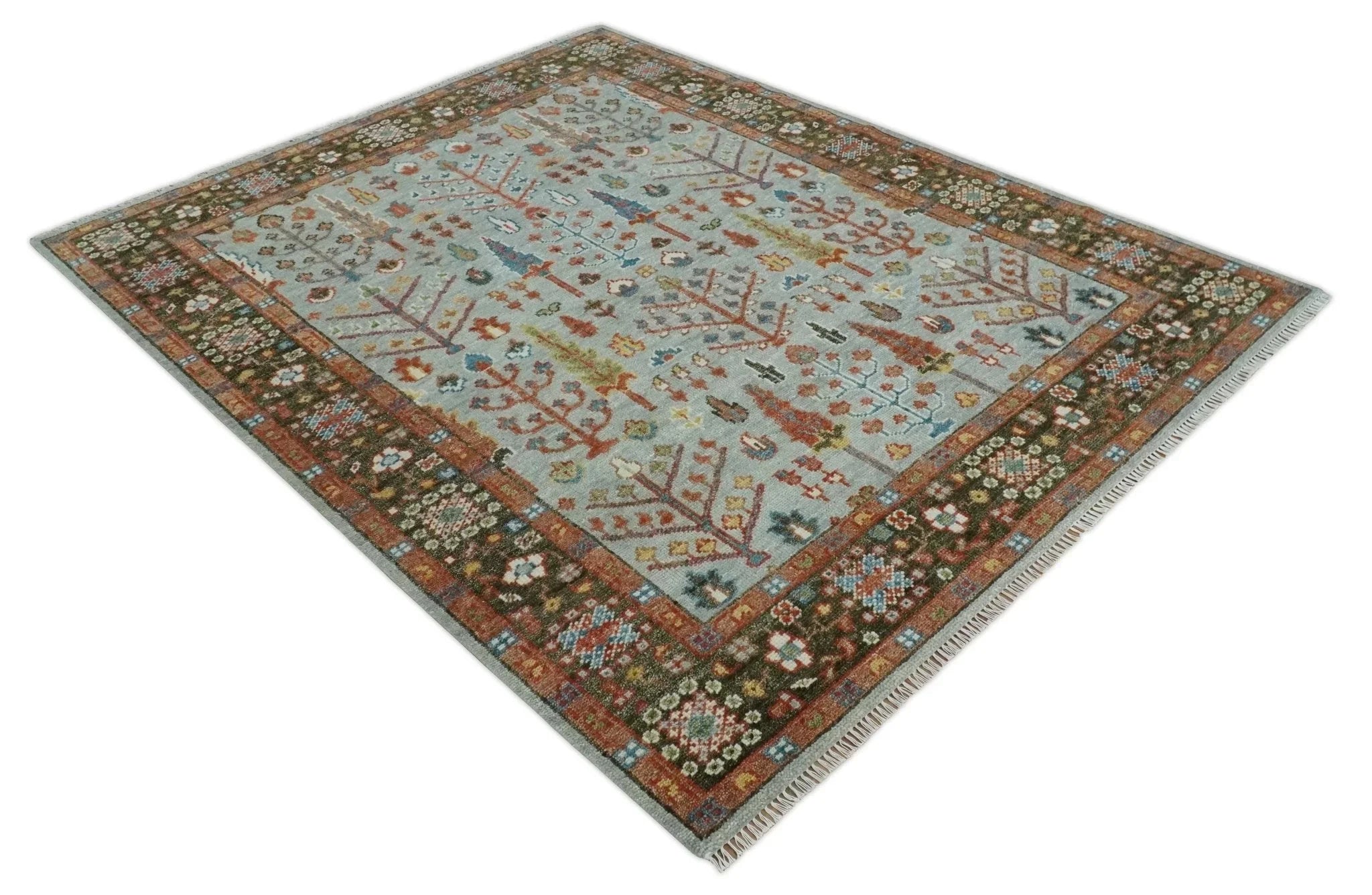 Ready to Ship Tree of Life Hand Knotted Silver, Brown and Rust Traditional Oushak Wool Rug - The Mayfair Hall