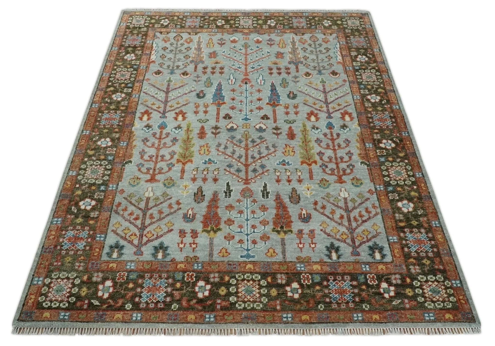 Ready to Ship Tree of Life Hand Knotted Silver, Brown and Rust Traditional Oushak Wool Rug - The Mayfair Hall