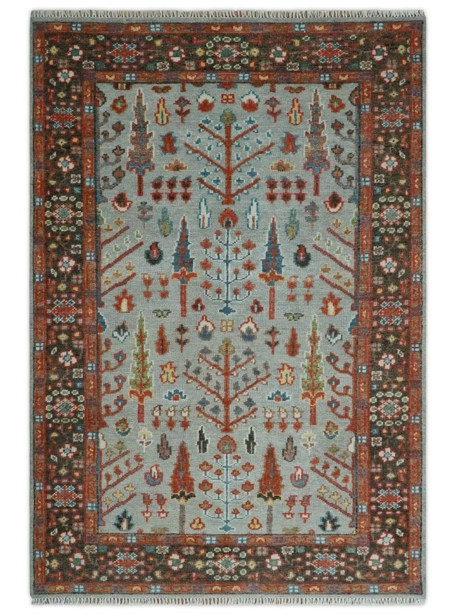 Ready to Ship Tree of Life Hand Knotted Silver, Brown and Rust Traditional Oushak Wool Rug - The Mayfair Hall