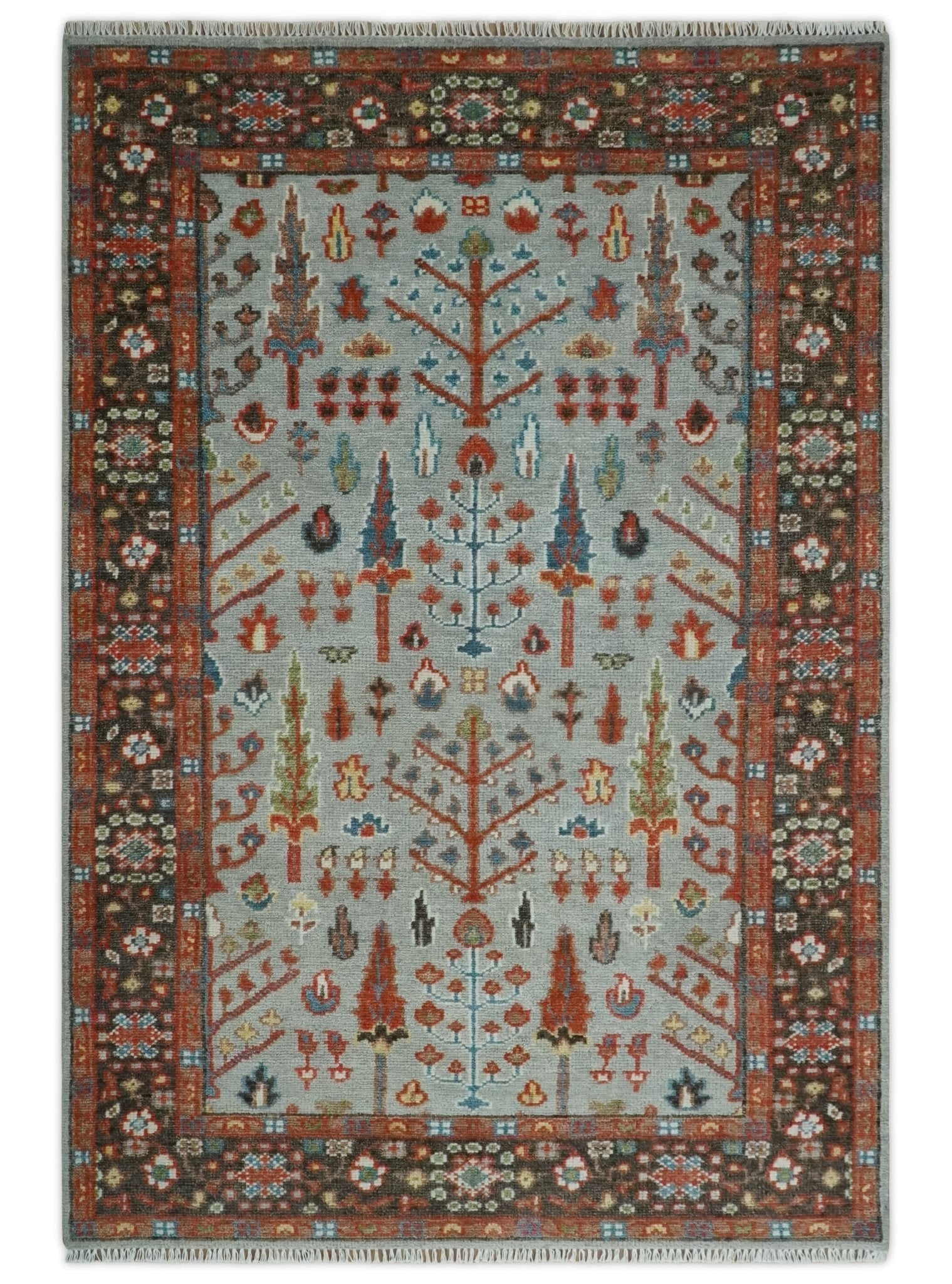 Ready to Ship Tree of Life Hand Knotted Silver, Brown and Rust Traditional Oushak Wool Rug - The Rug Decor