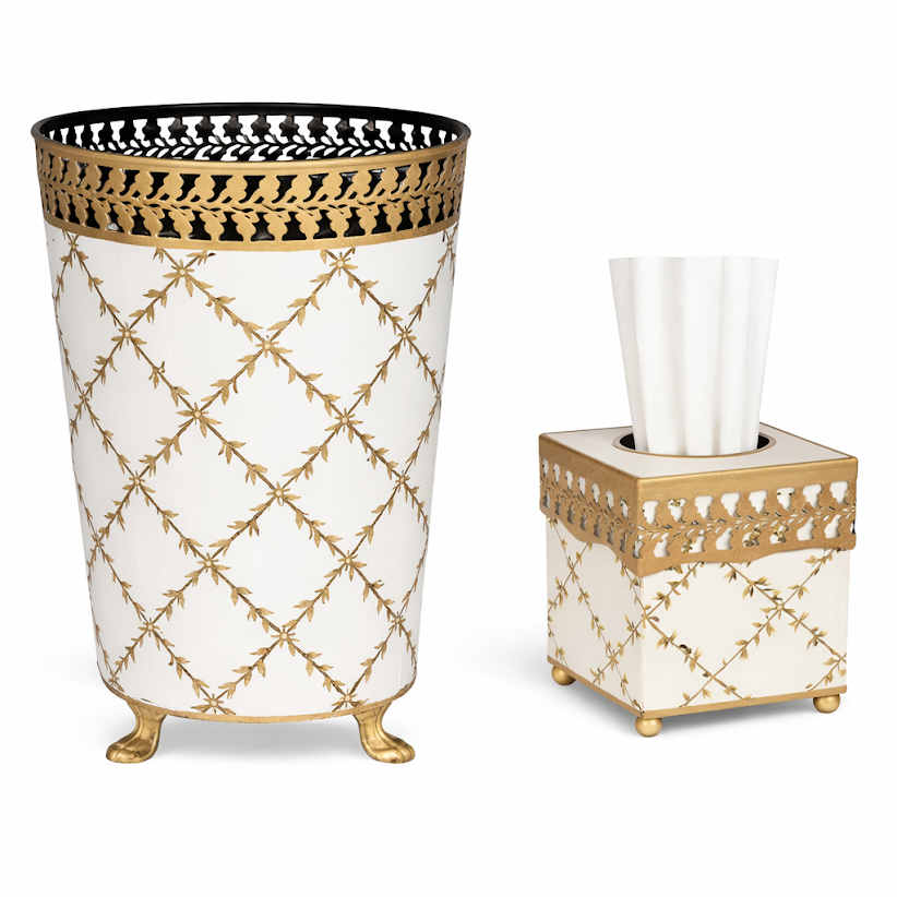 Ivory Pierced Gold Leaf Wastepaper Basket & Tissue (3 Options)