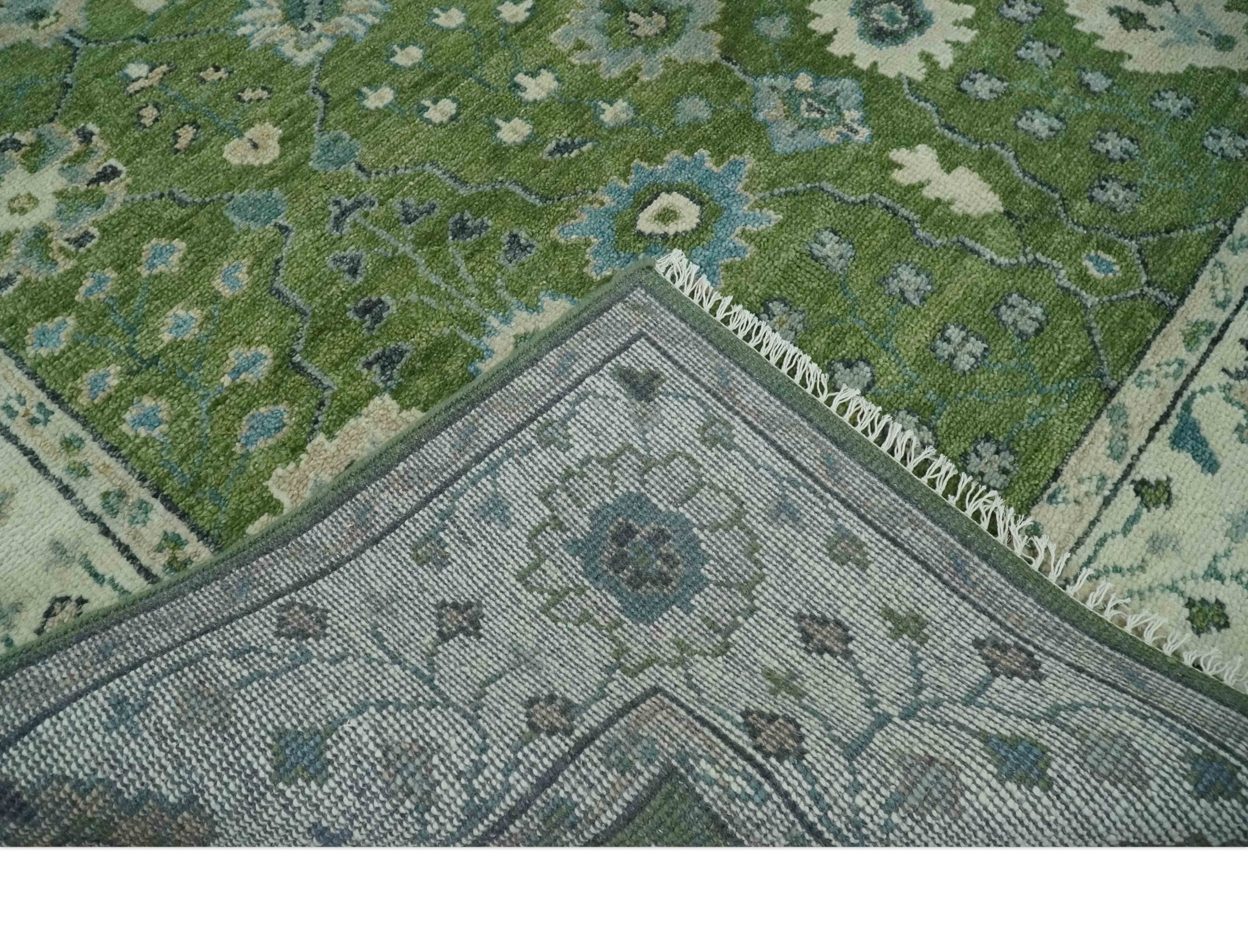 Royal Green and Ivory Custom Made Hand knotted Traditional Oushak wool Area Rug - The Rug Decor
