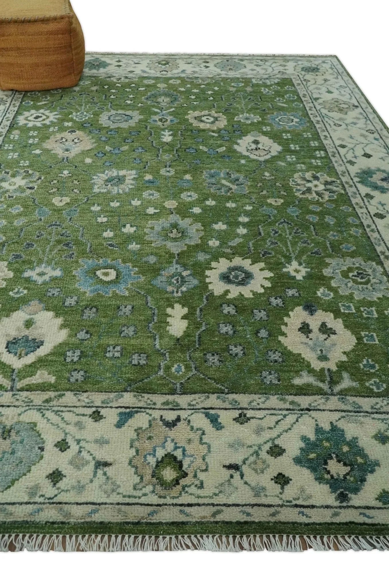 Royal Green and Ivory Custom Made Hand knotted Traditional Oushak wool Area Rug - The Rug Decor