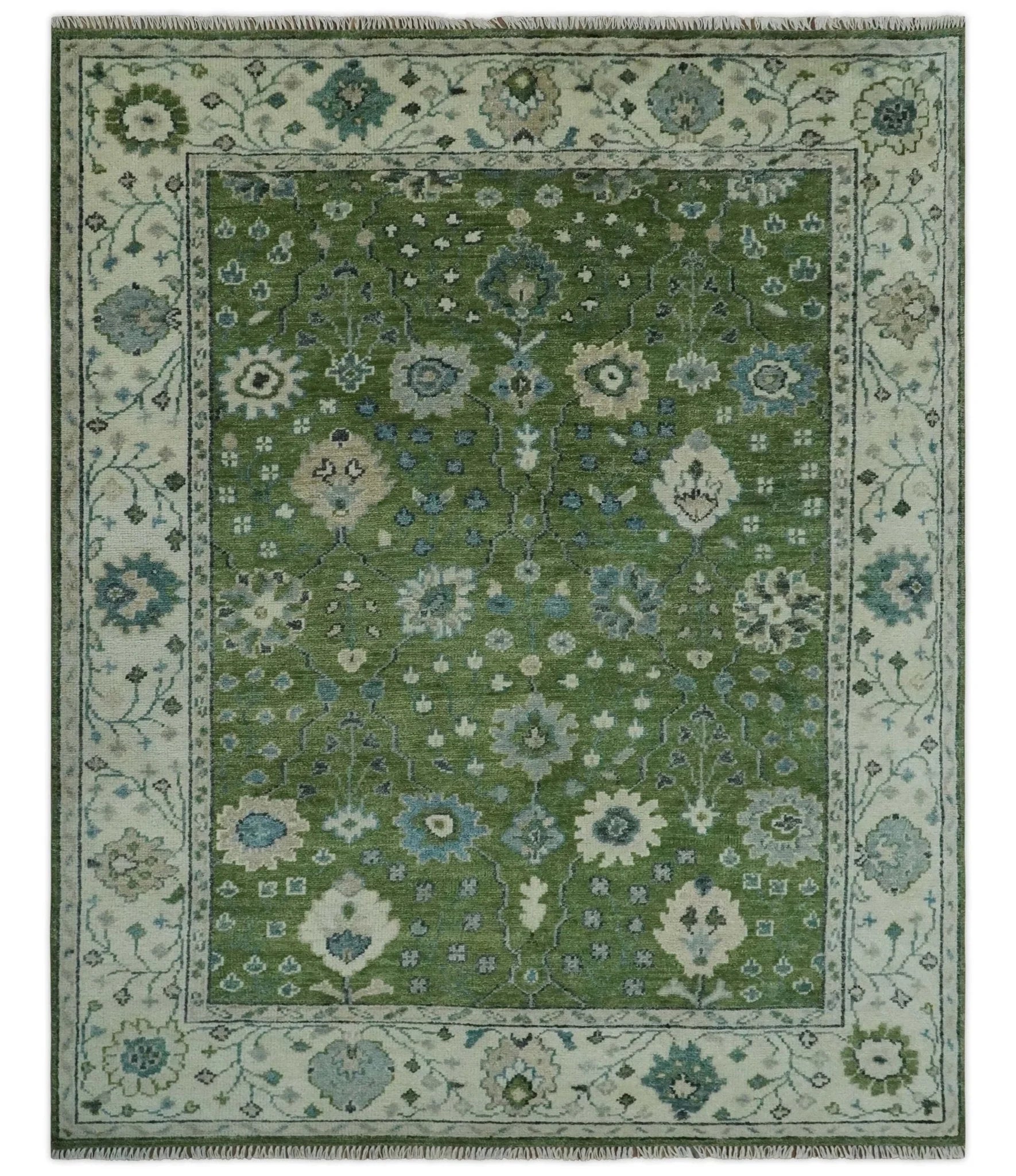 Royal Green and Ivory Custom Made Hand knotted Traditional Oushak wool Area Rug - The Rug Decor