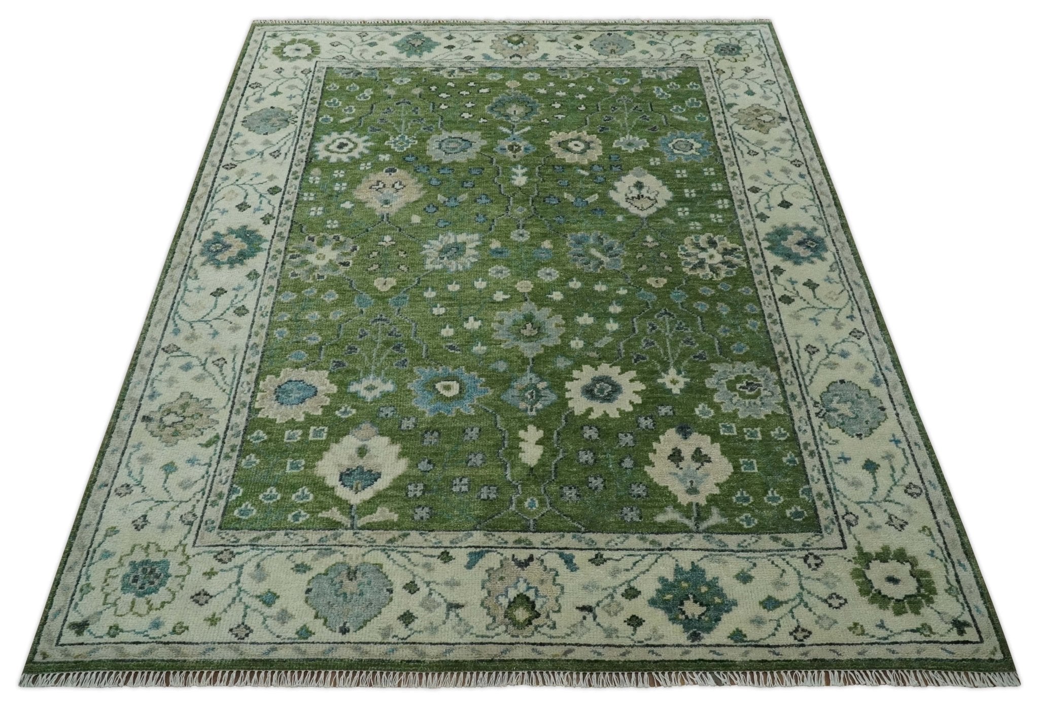 Royal Green and Ivory Custom Made Hand knotted Traditional Oushak wool Area Rug - The Rug Decor