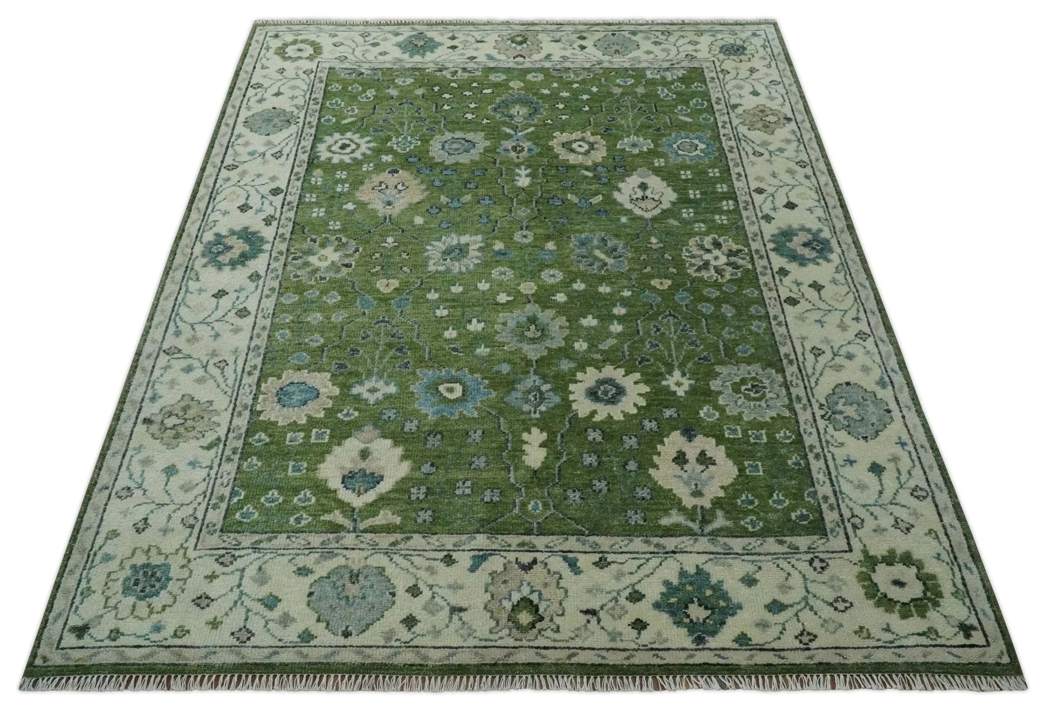 Royal Green and Ivory Custom Made Hand knotted Traditional Oushak wool Area Rug - The Rug Decor