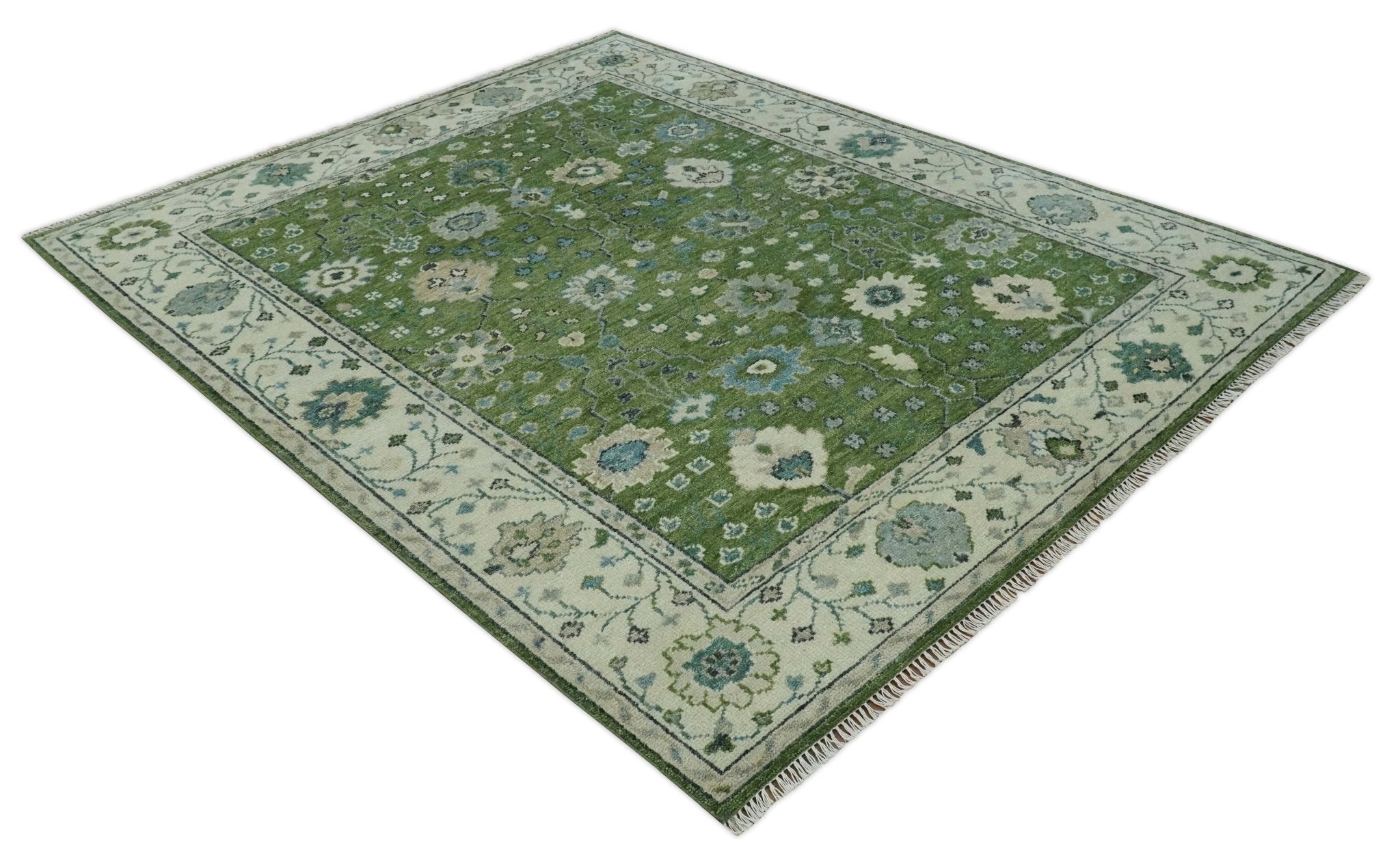 Royal Green and Ivory Custom Made Hand knotted Traditional Oushak wool Area Rug - The Rug Decor